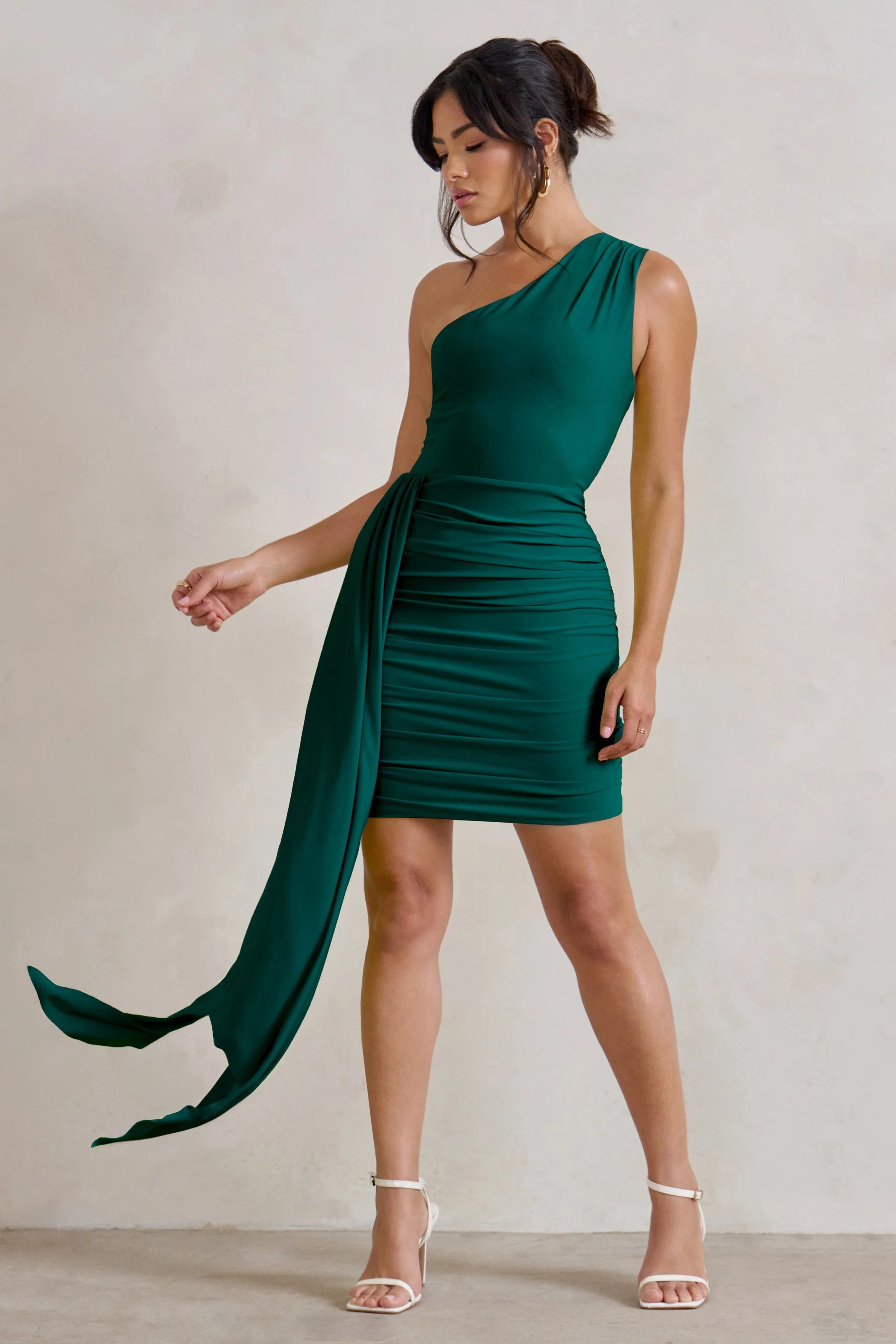 Charlie | Bottle Green One Shoulder Ruched Mini Dress With Statement Drape