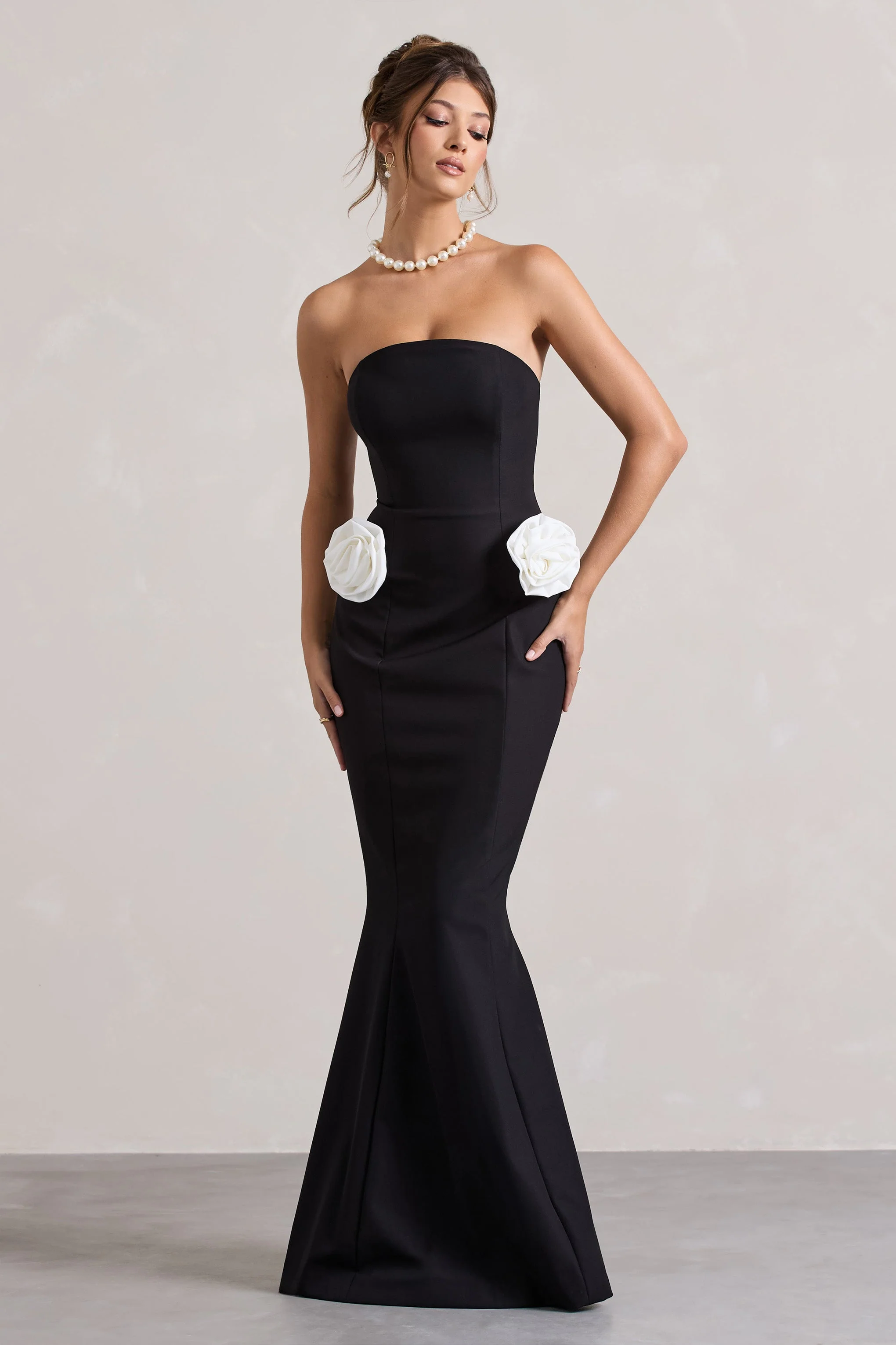 Best Of The Best | Black Strapless Fishtail Maxi Dress With Corsages