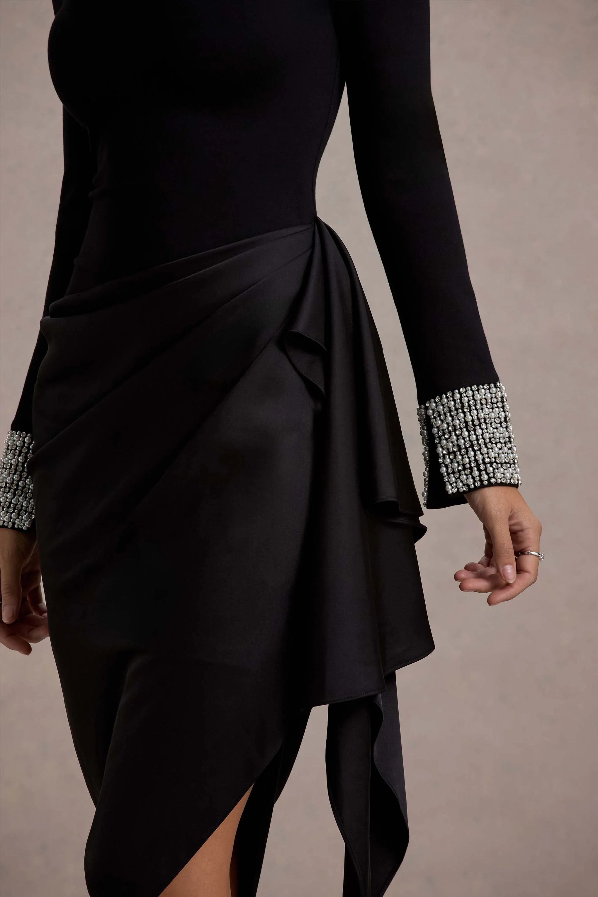 Luanna | Black Satin Long-Sleeve Midi Dress With Draped Skirt