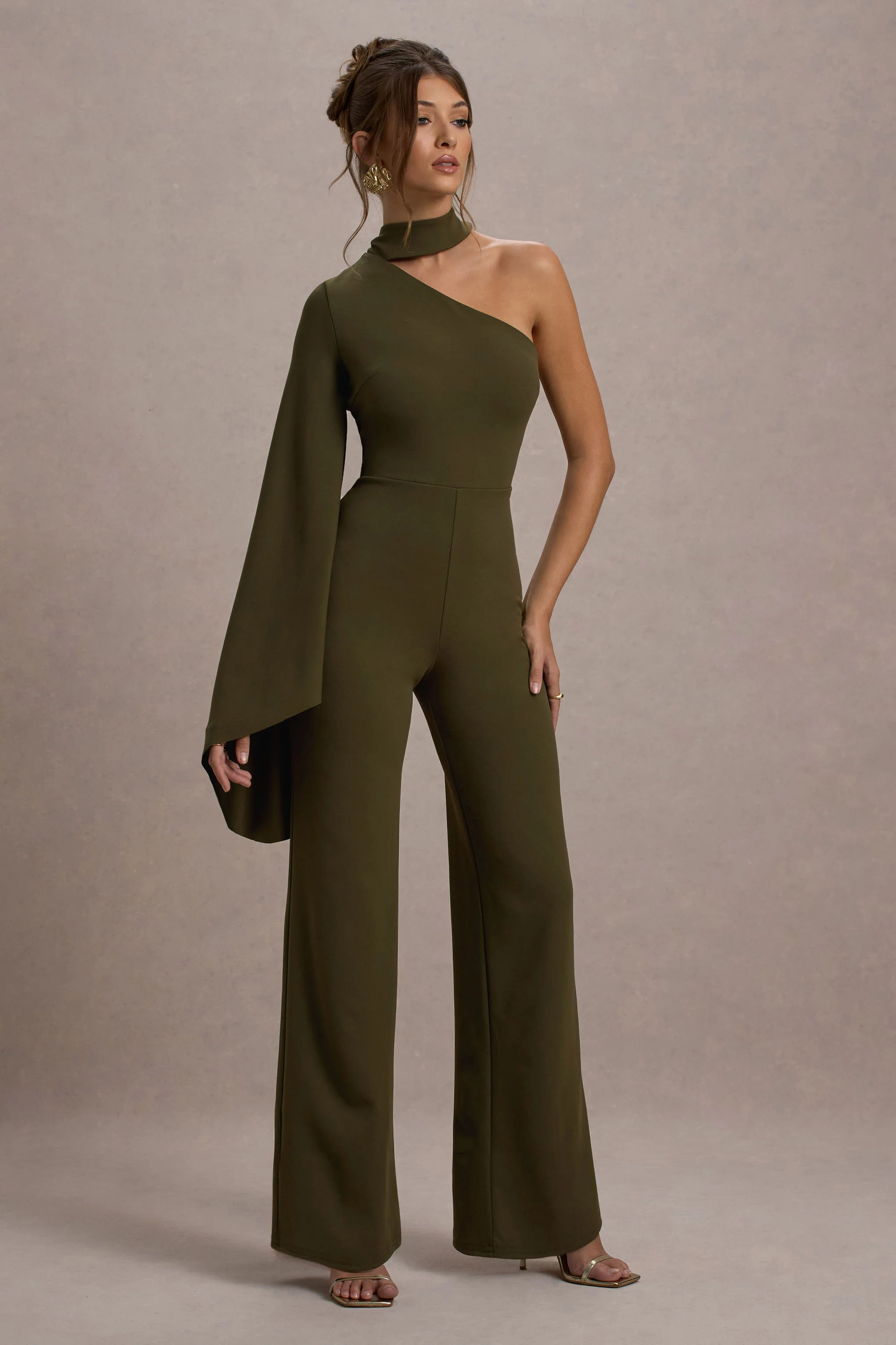 Fenix | Khaki Asymmetric Cape-Sleeve Straight-Leg Jumpsuit