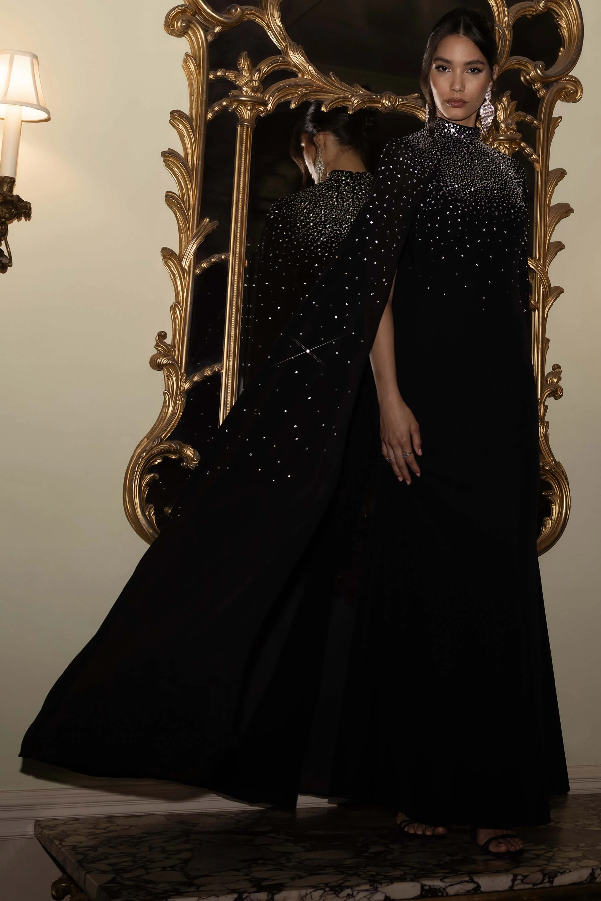 The Shallows | Black Embellished High-Neck Maxi Dress With Chiffon Cape