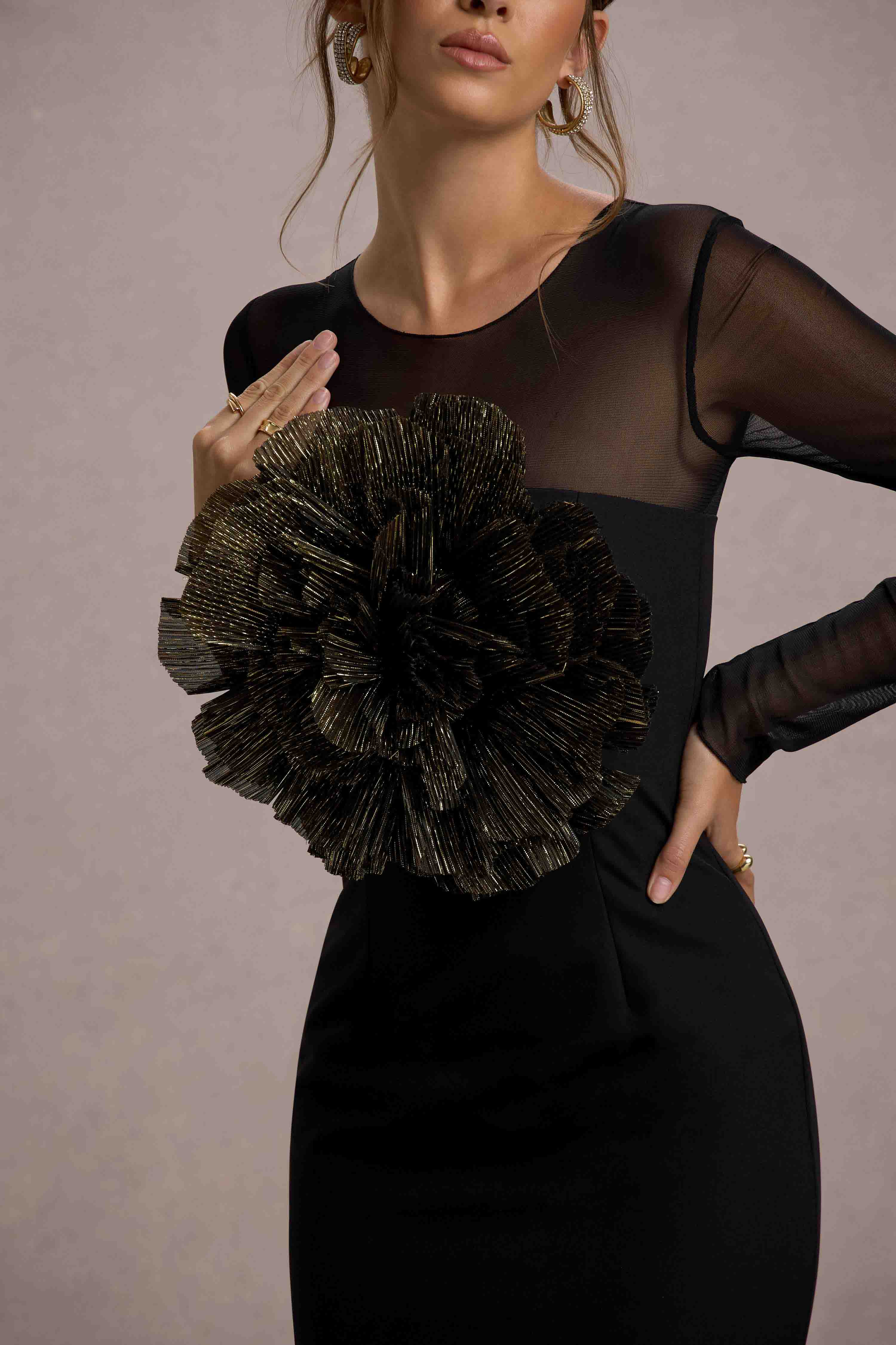 Ruchi | Black Sheer Mini Dress With Corsage Detail