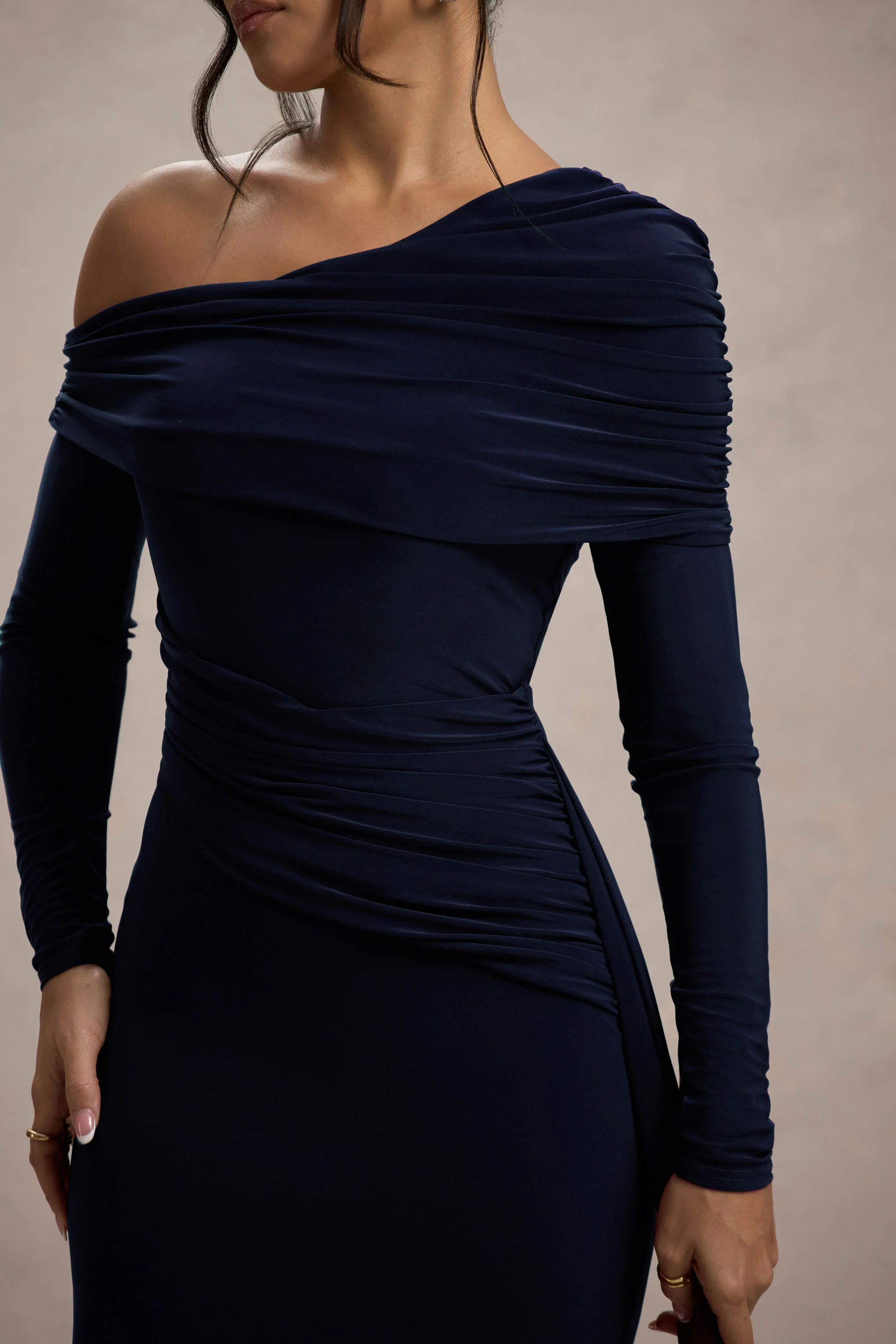Valina | Navy Ruched Asymmetric Maxi Dress With Drape