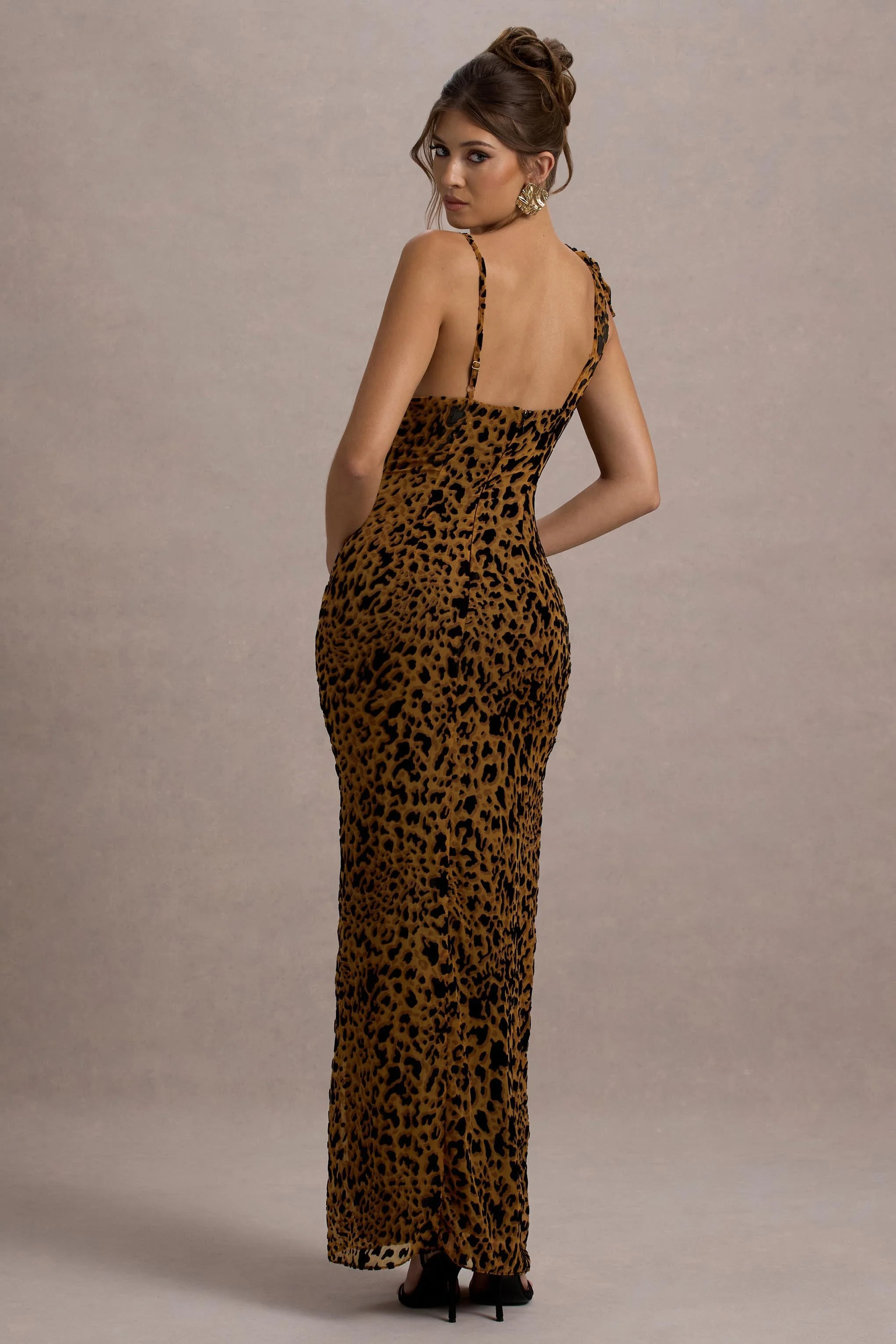 Yasmin | Leopard Print Velvet Strappy Maxi Dress With Bow
