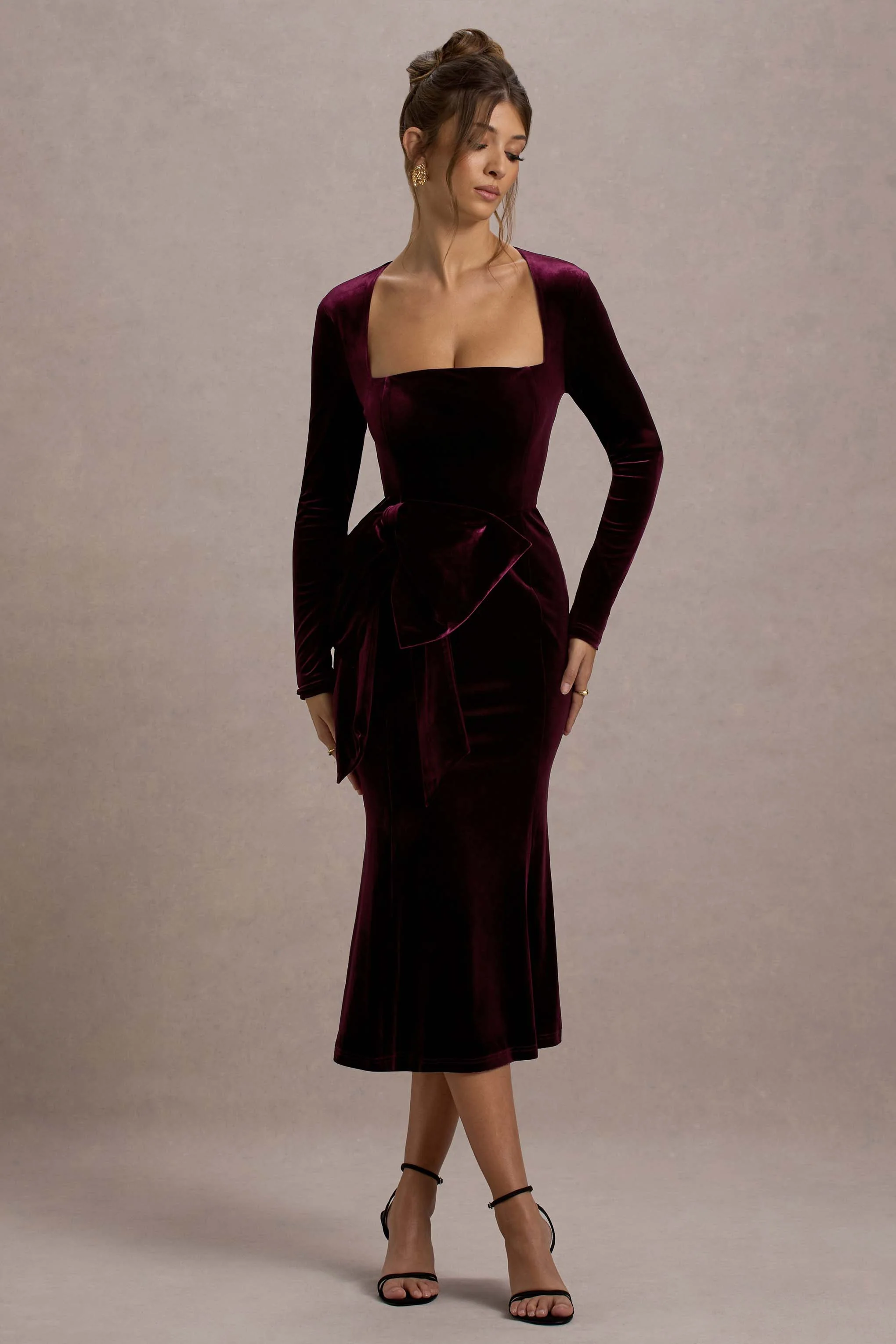 Gemima | Port Velvet Square-Neck Midi Dress With Bow