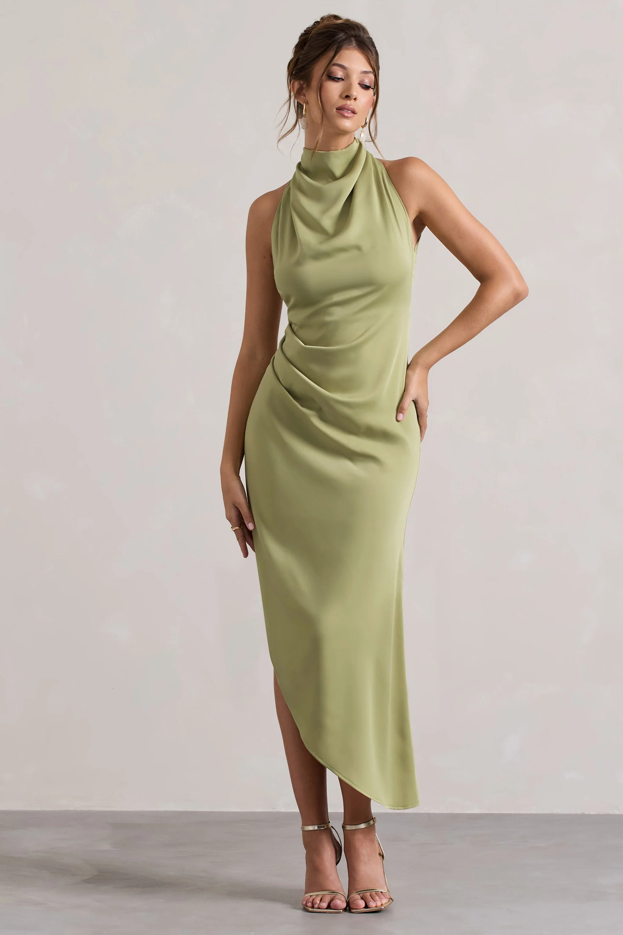 Sophina | Light Olive Satin Cowl-Neck Asymmetric Midi Dress