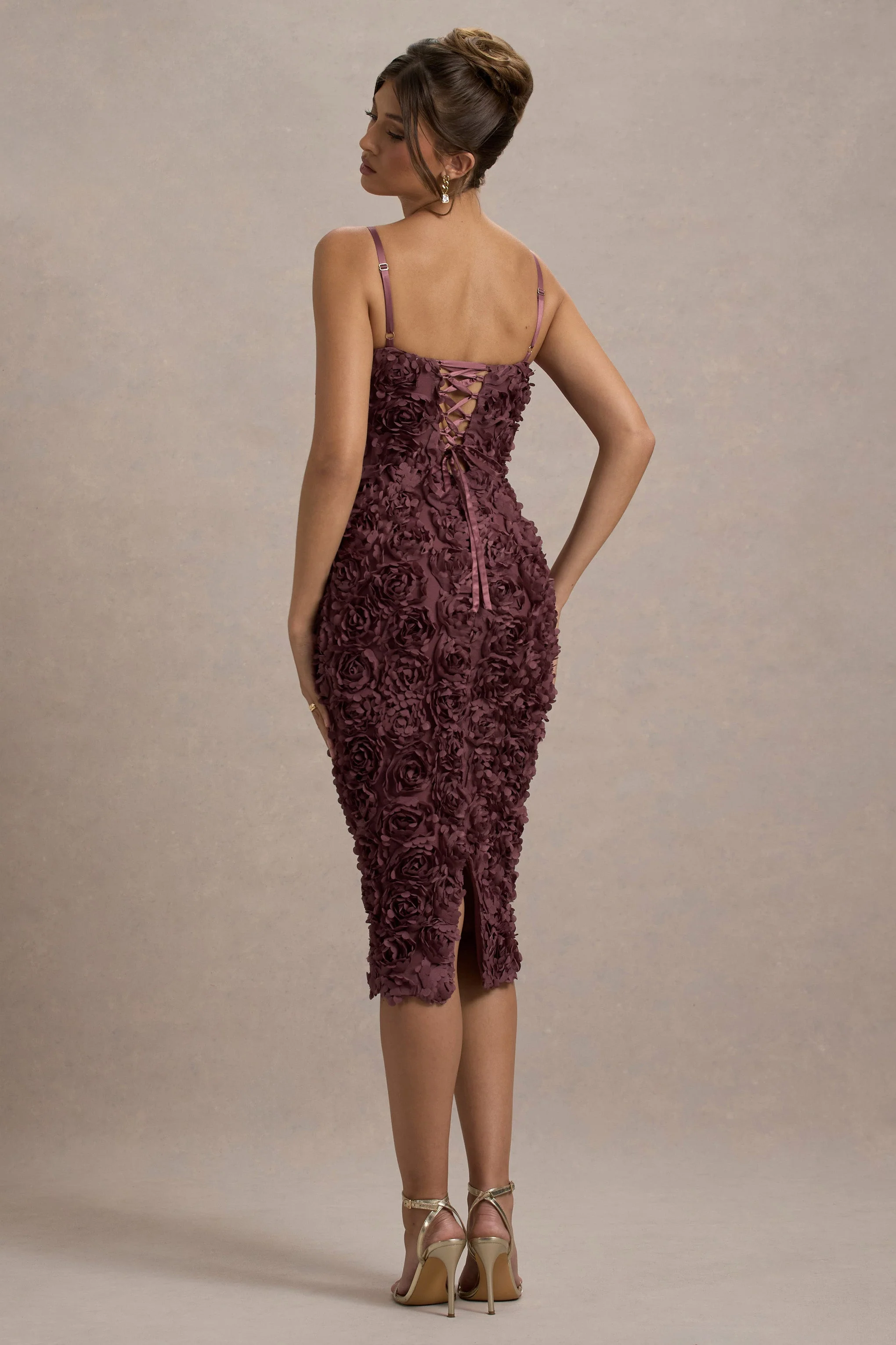 New Love | Dark Mauve Strappy Midi Dress With Mesh Flowers