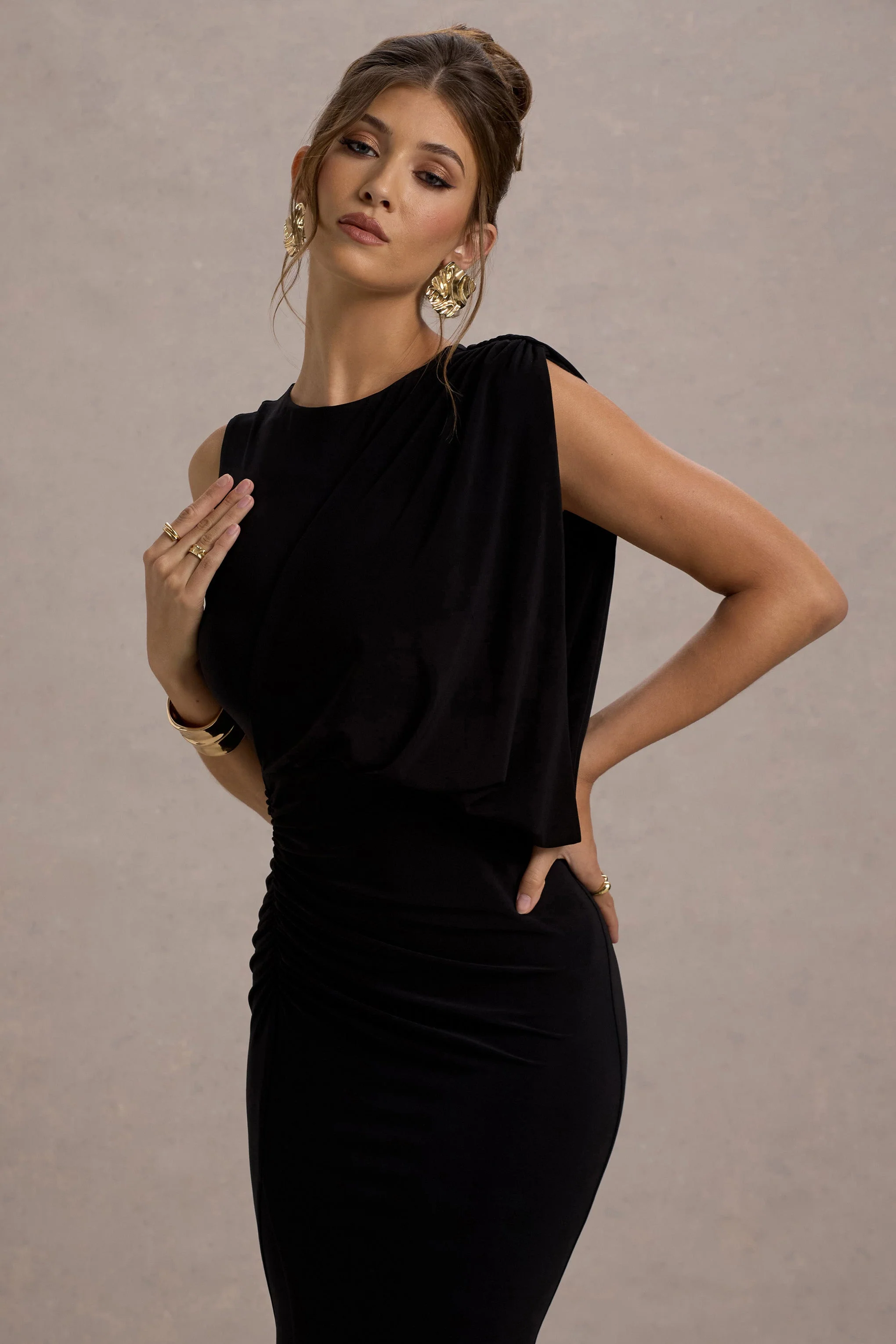 Paphos | Black Draped Sleeveless Maxi Dress