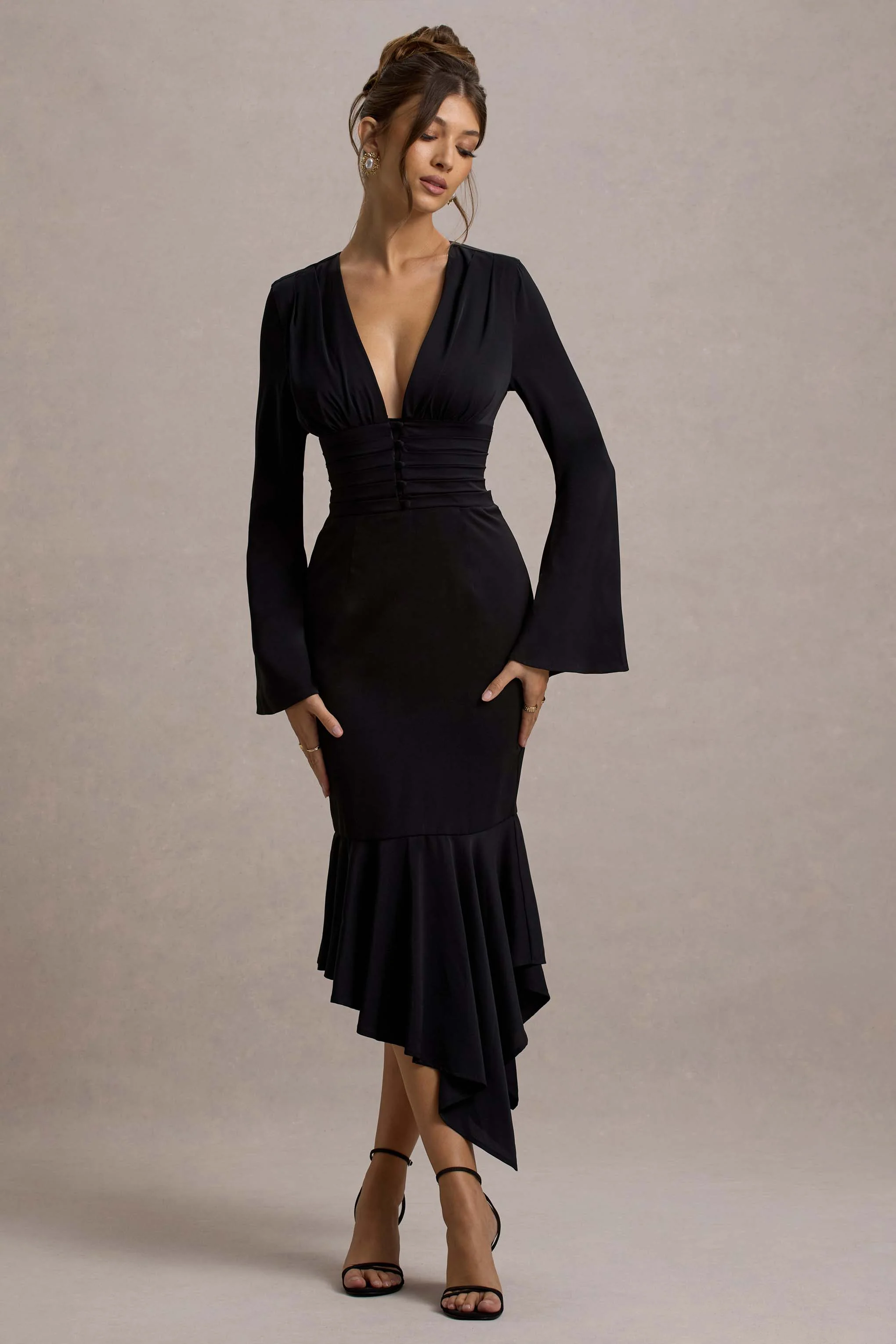 Rehna | Black Plunge-Neck Bell-Sleeve Midi Dress