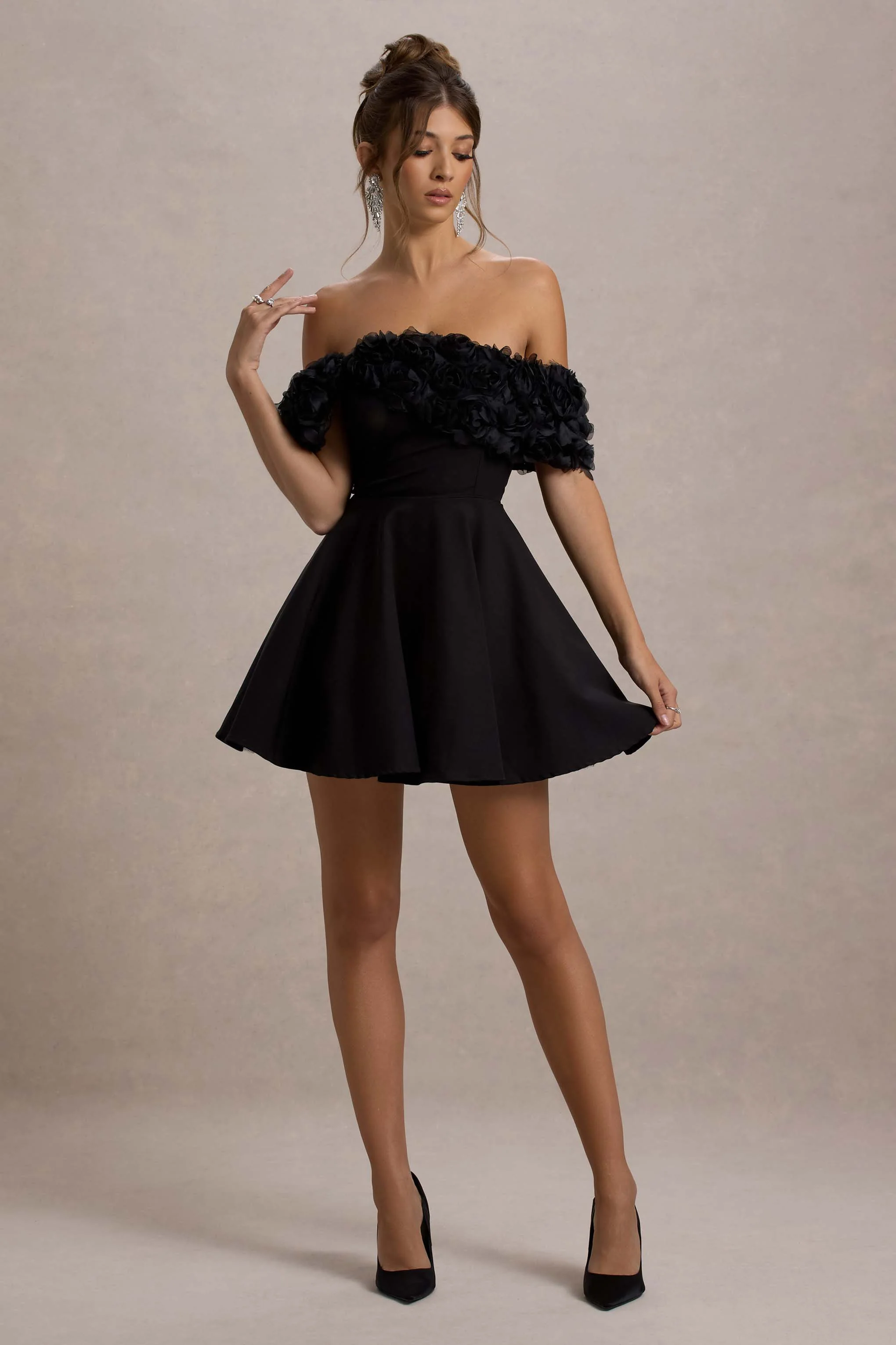 Micro Muse | Black Floral Bardot Mini Dress