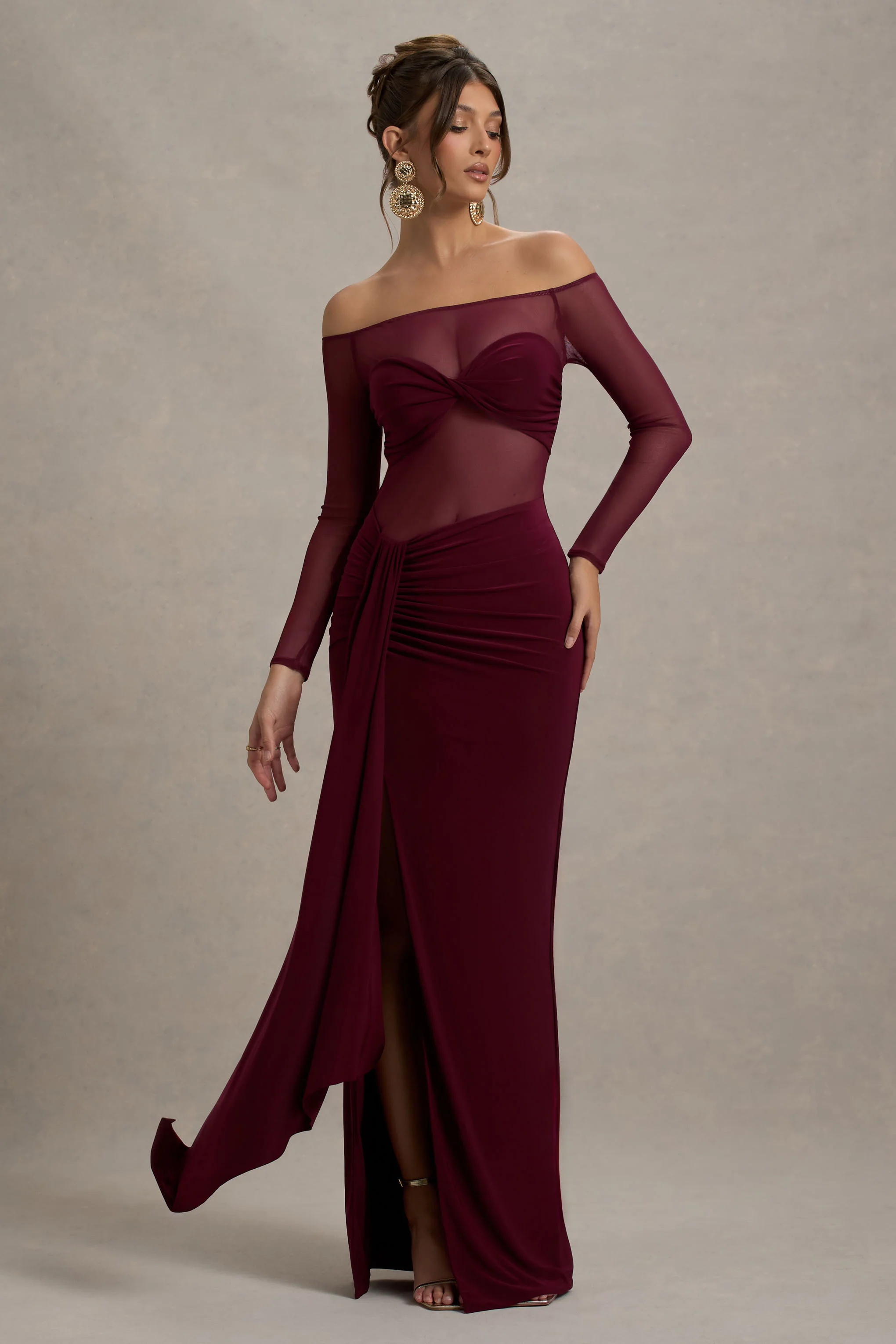 Cover Star | Burgundy Mesh Bardot Long-Sleeve Draped Maxi Dress