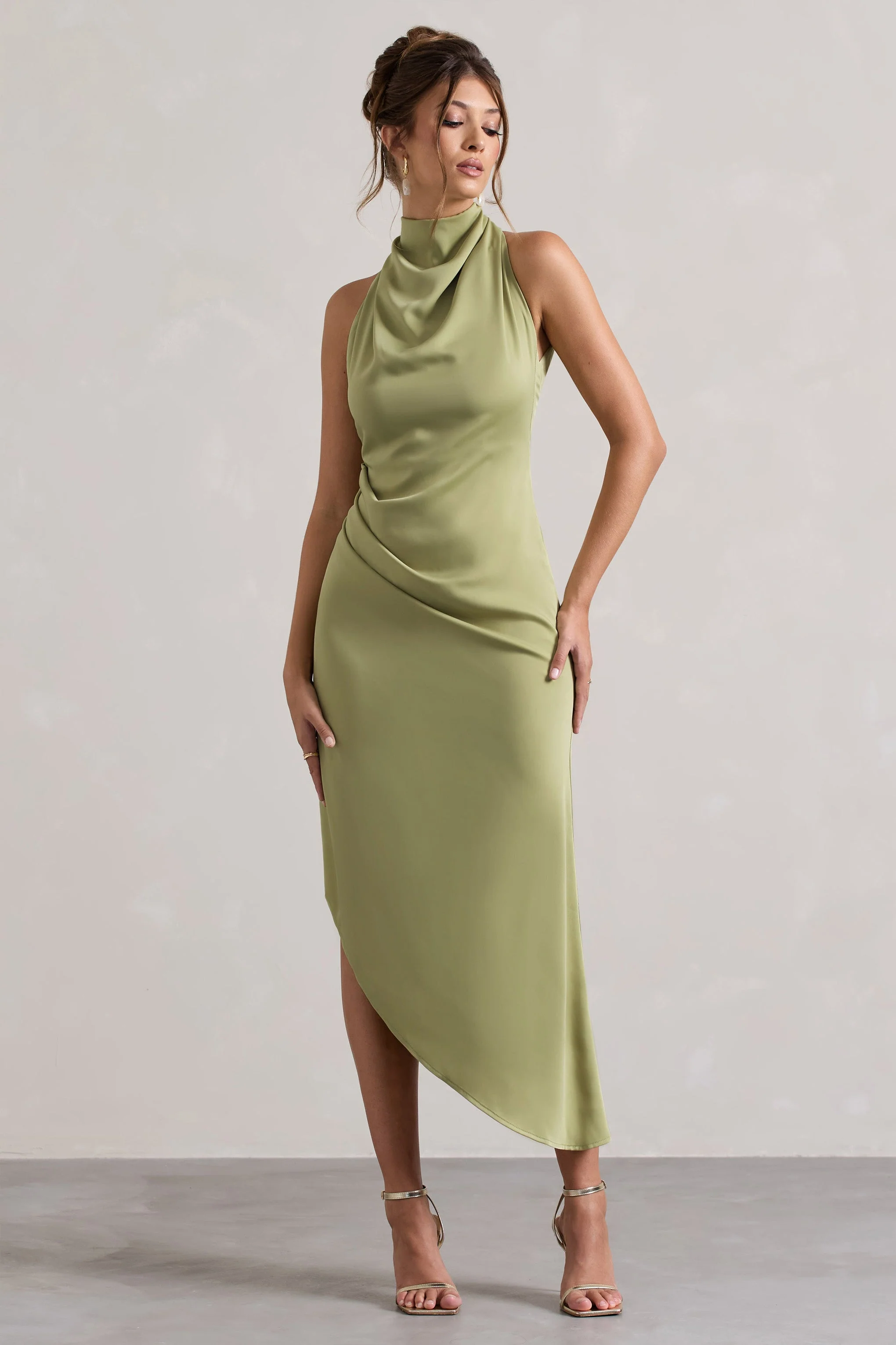 Sophina | Light Olive Satin Cowl-Neck Asymmetric Midi Dress