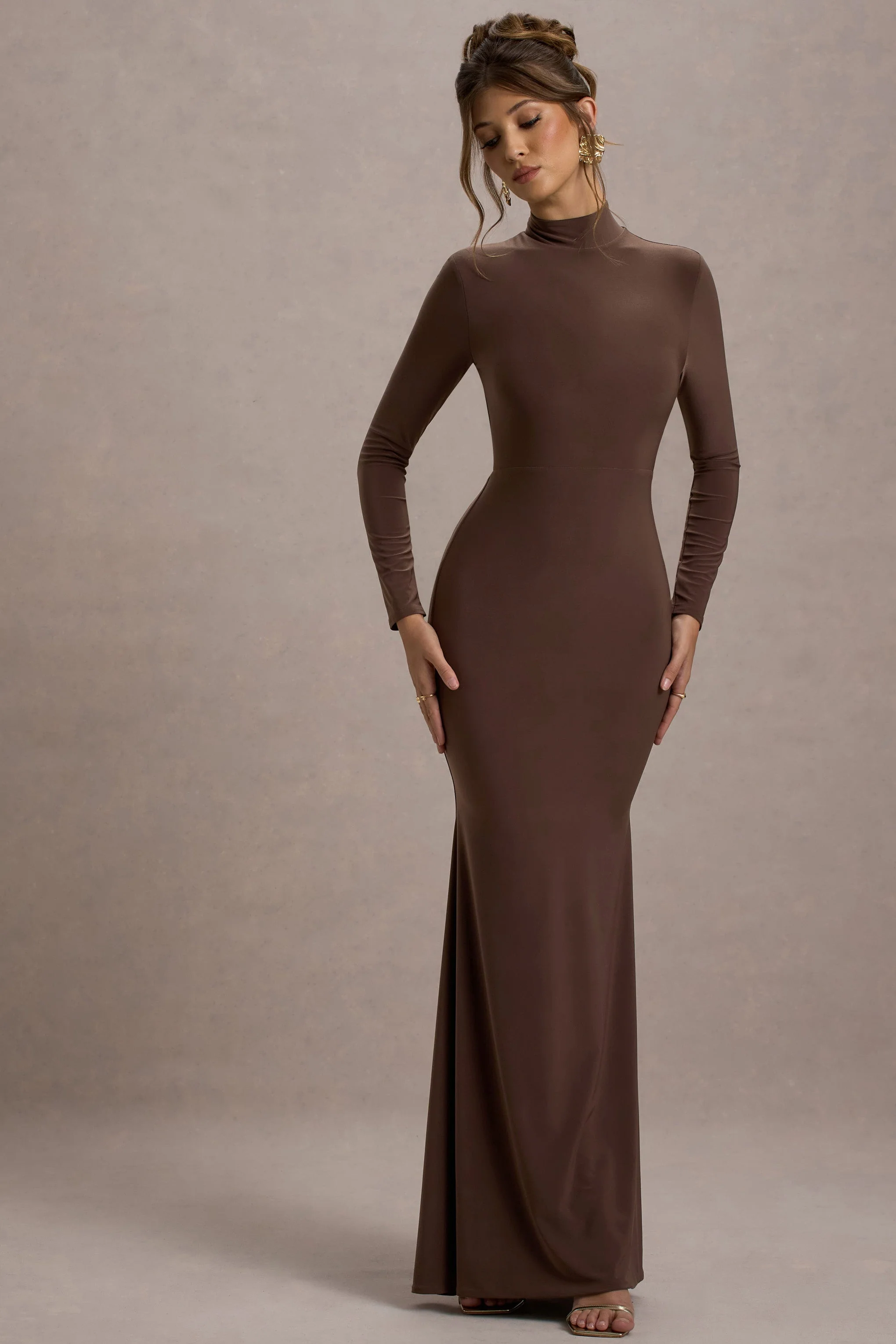 Tova | Chocolate High-Neck Long-Sleeve Fishtail Maxi Dress