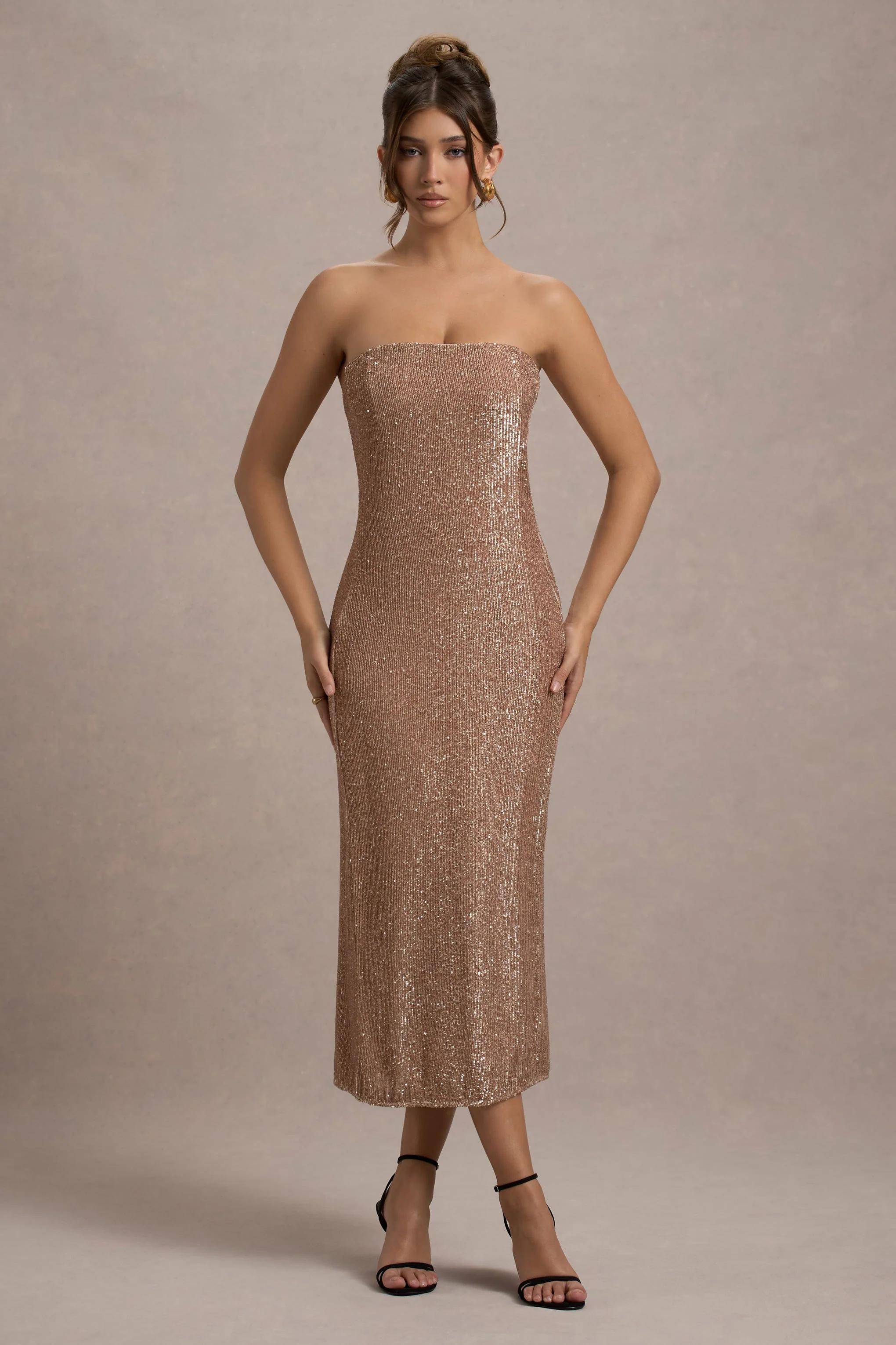 Lilabelle | Rose Gold Plisse Sequin Bandeau Midi Dress