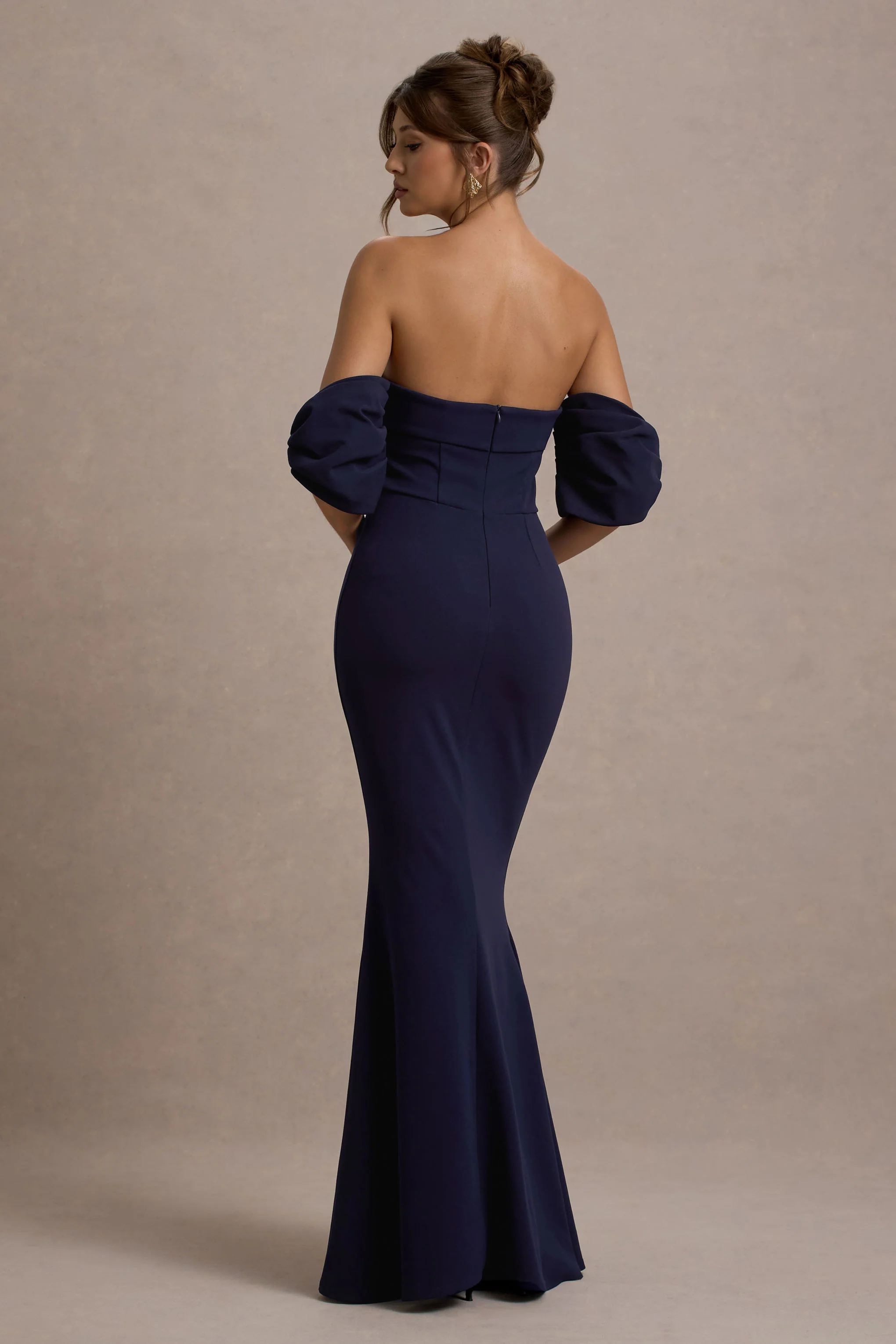 Alaine | Navy Bardot Maxi Dress With Bow Sleeves