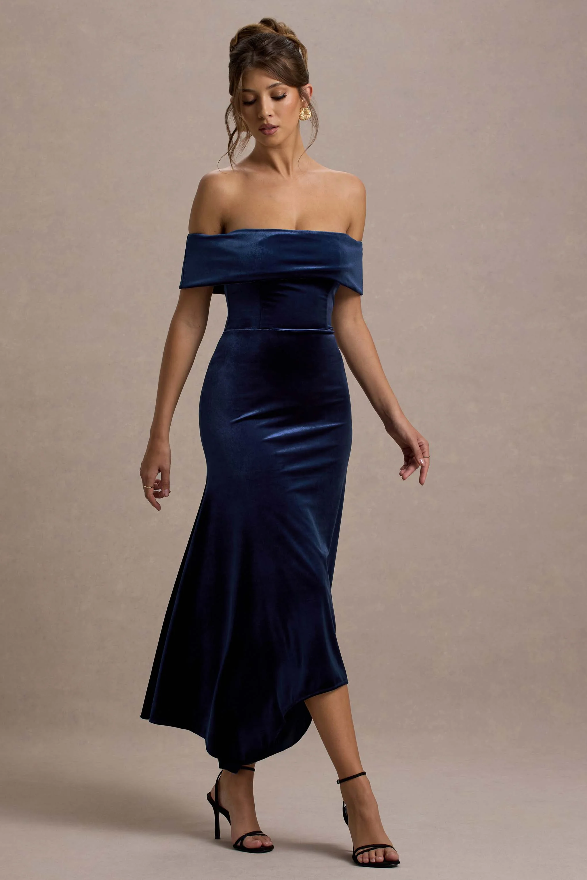 Halia | Navy Velvet Bardot Maxi Dress
