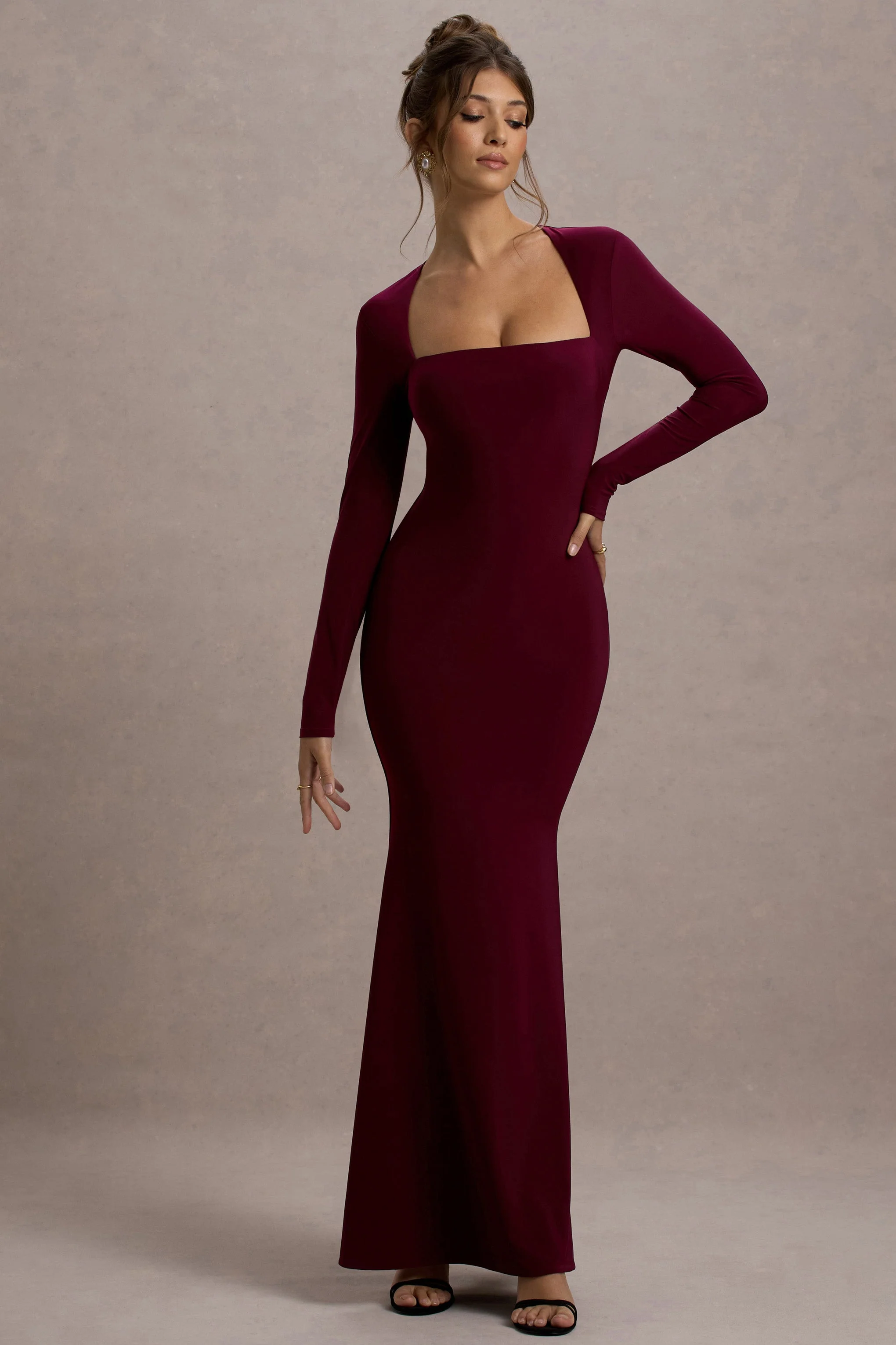 Maja | Burgundy Square-Neck Long-Sleeve Maxi Dress