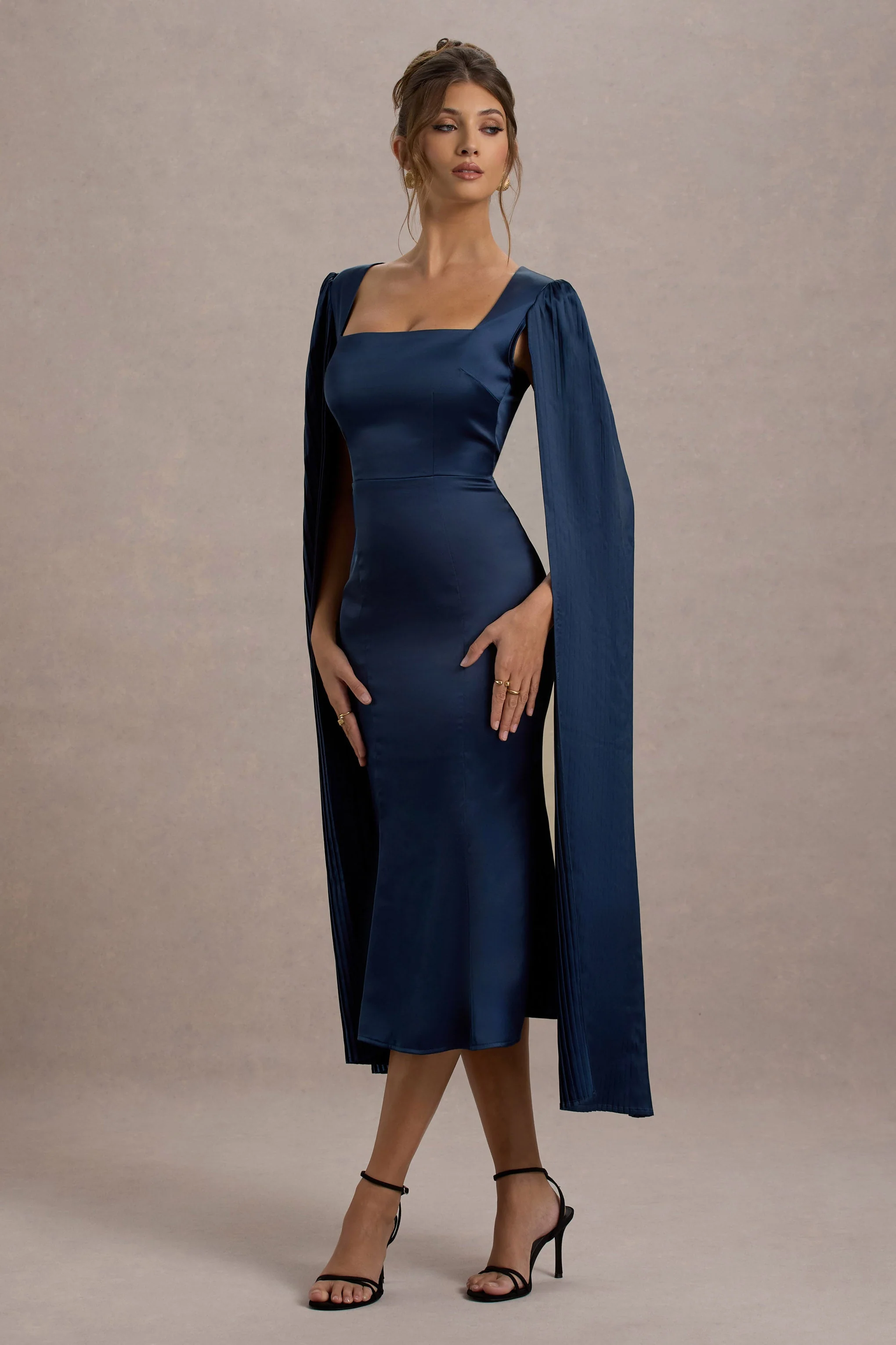 Nalda | Navy Square-Neck Midi Dress With Cape Sleeves