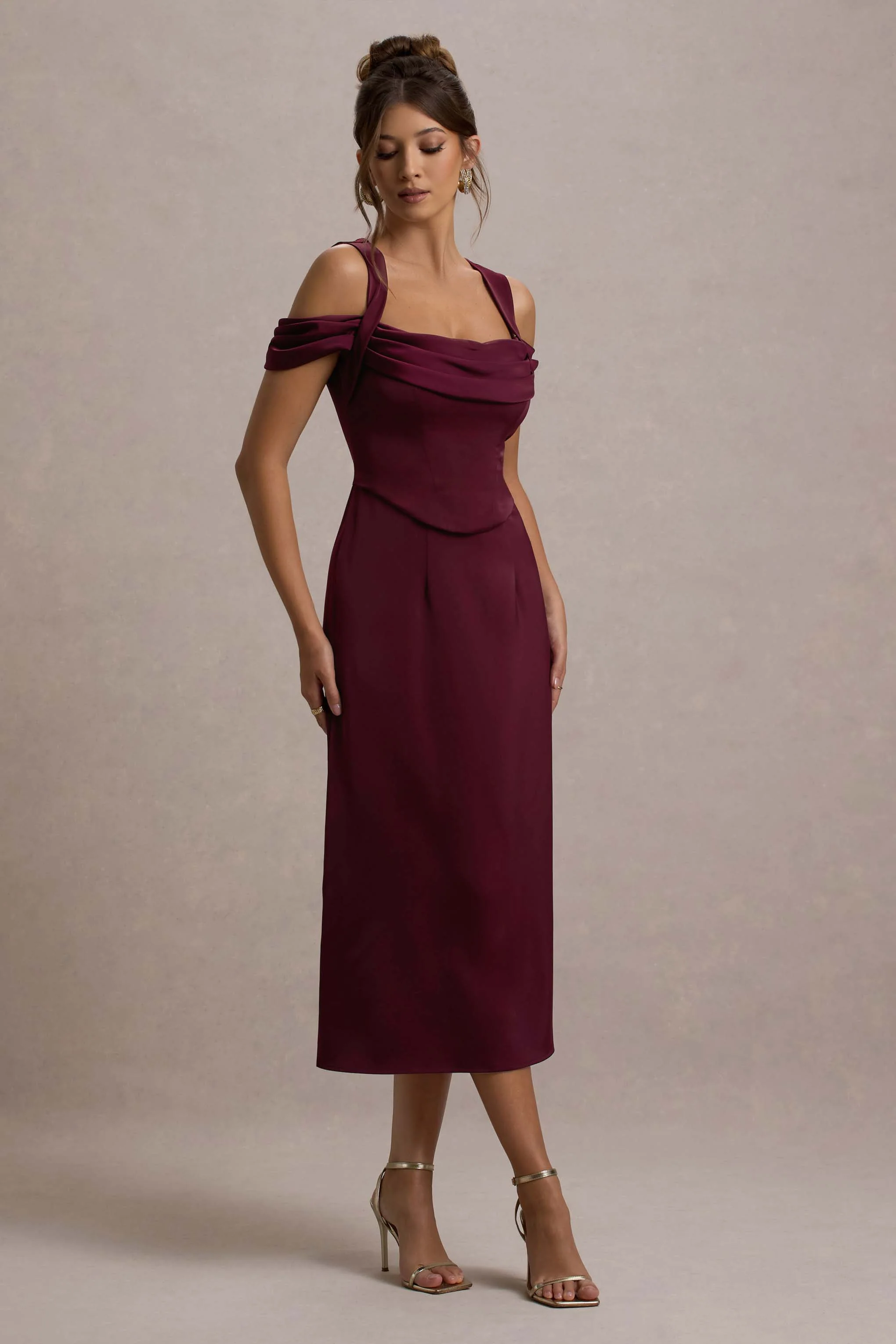 Sawyer | Wine Satin Draped Midi Dress