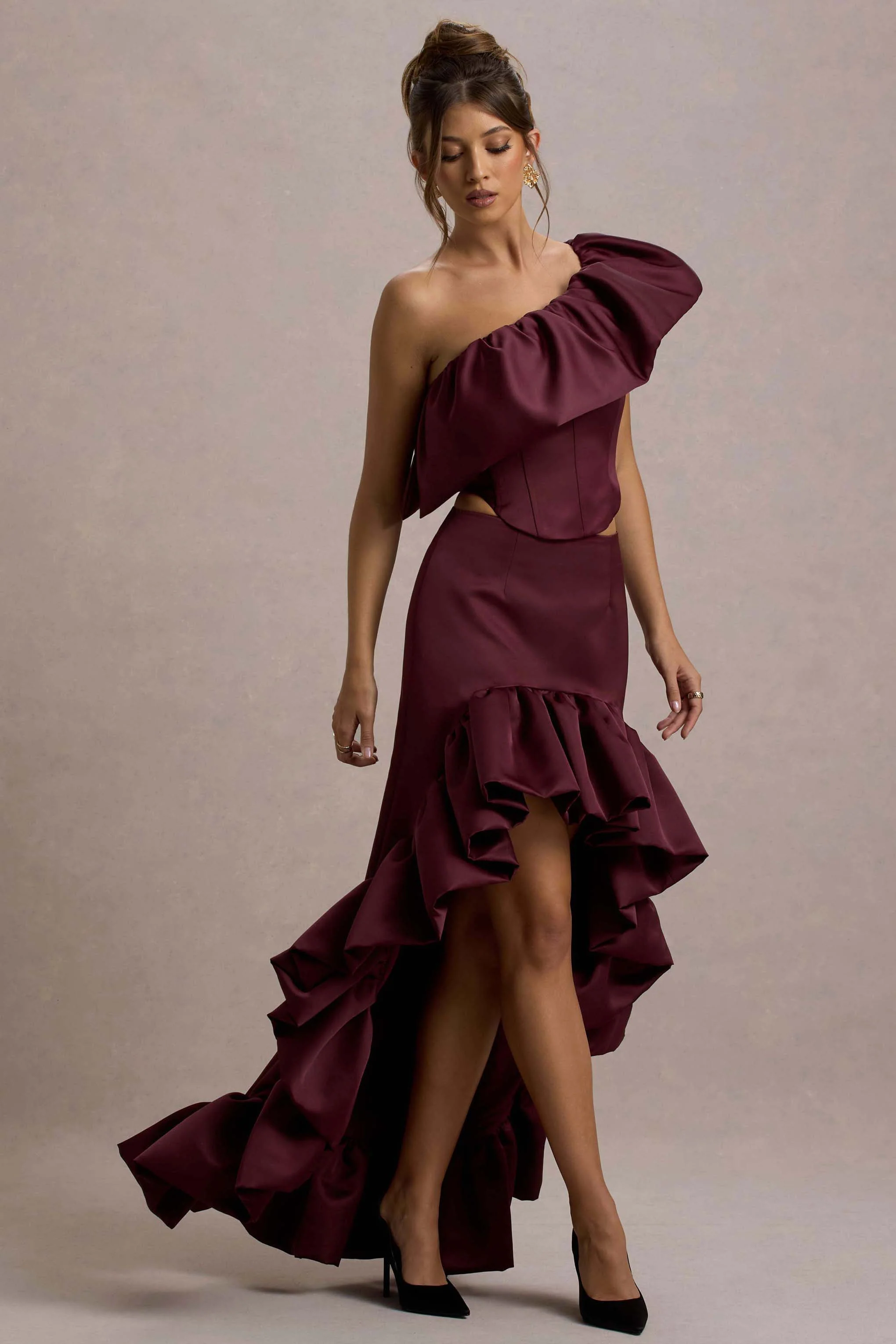 Sandie | Merlot Satin Bardot Ruffled Crop Top