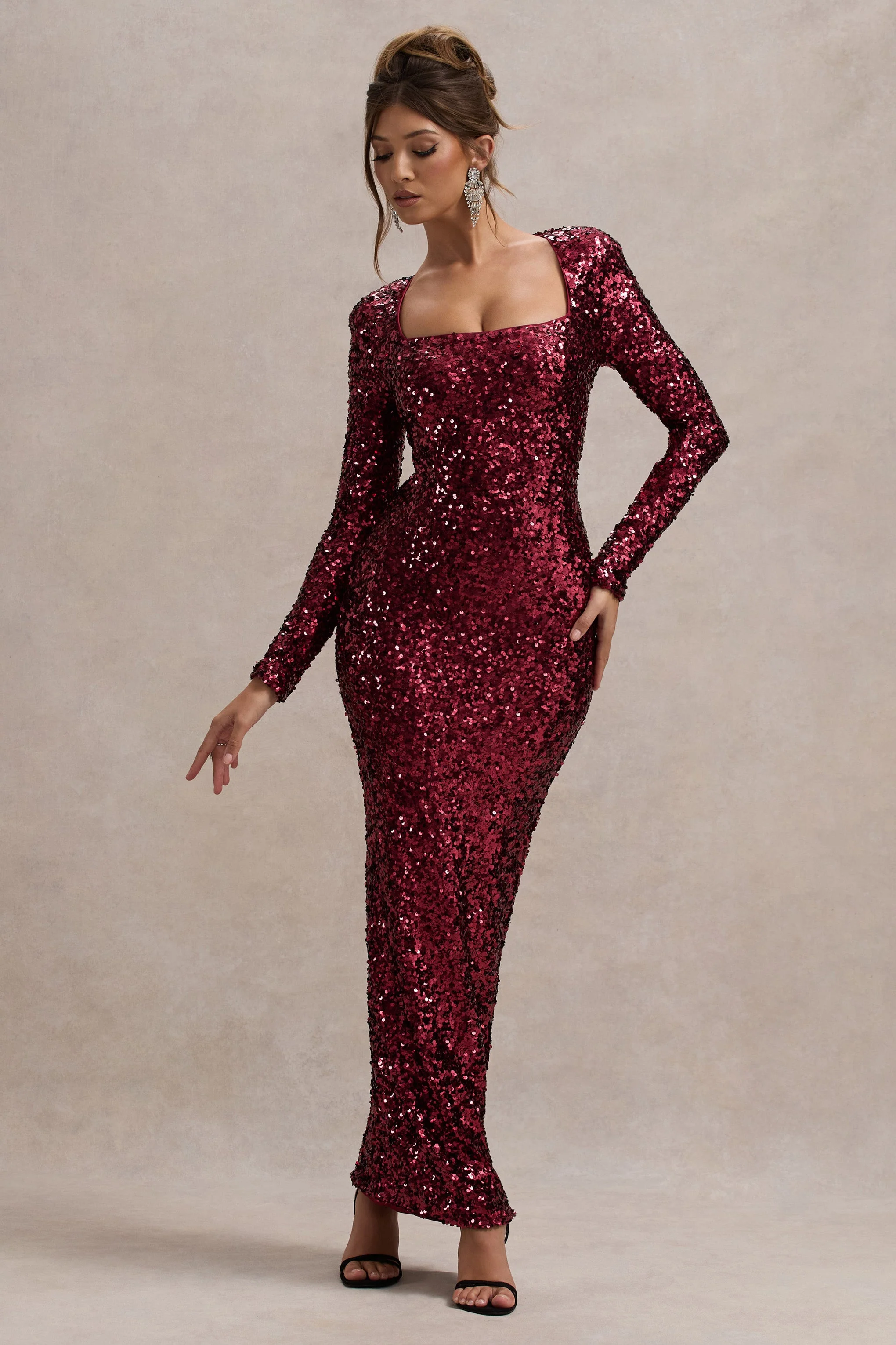My Dream | Port Sequin Square-Neck Long-Sleeve Maxi Dress