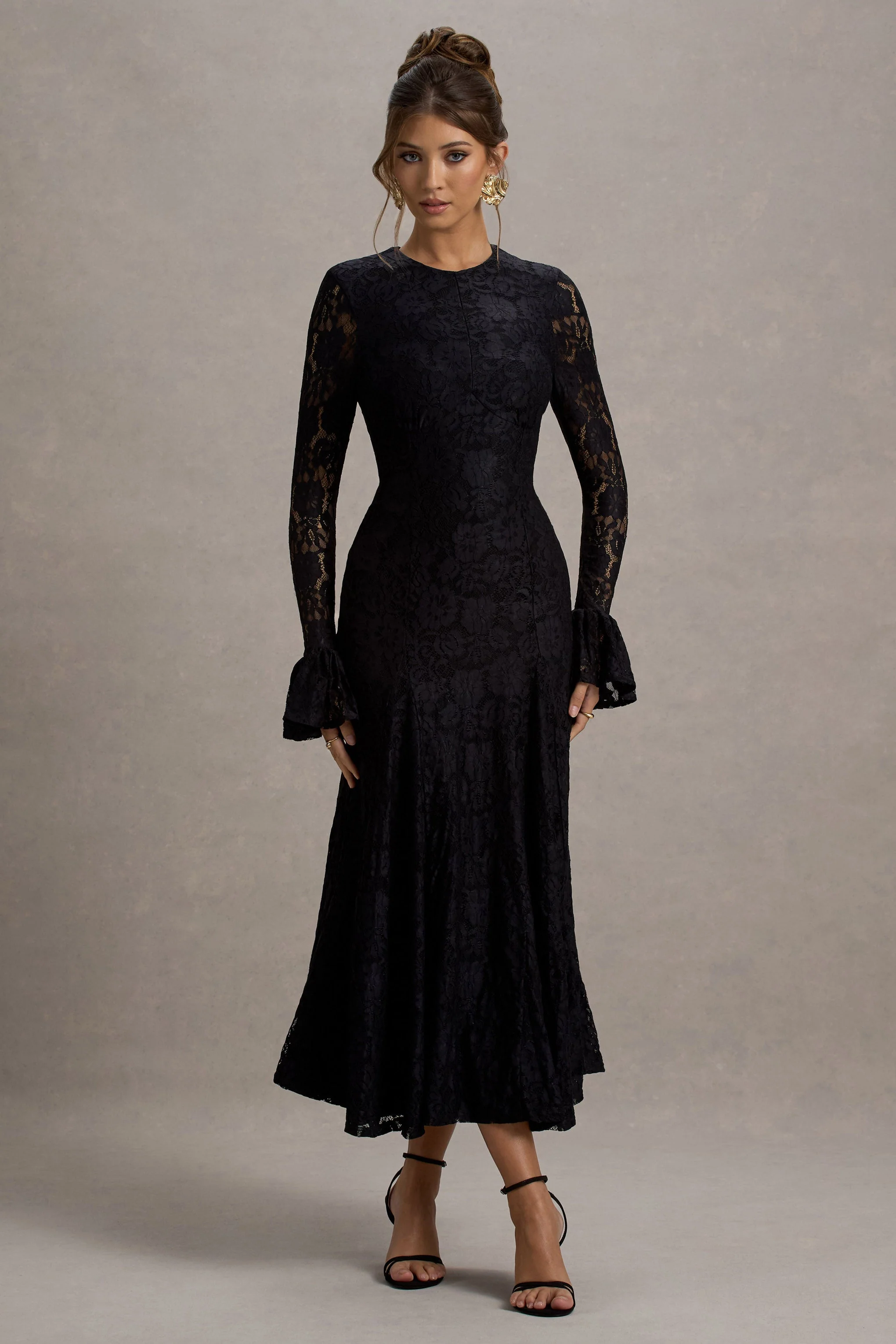 For Life | Black Lace Long-Sleeve Midi Dress