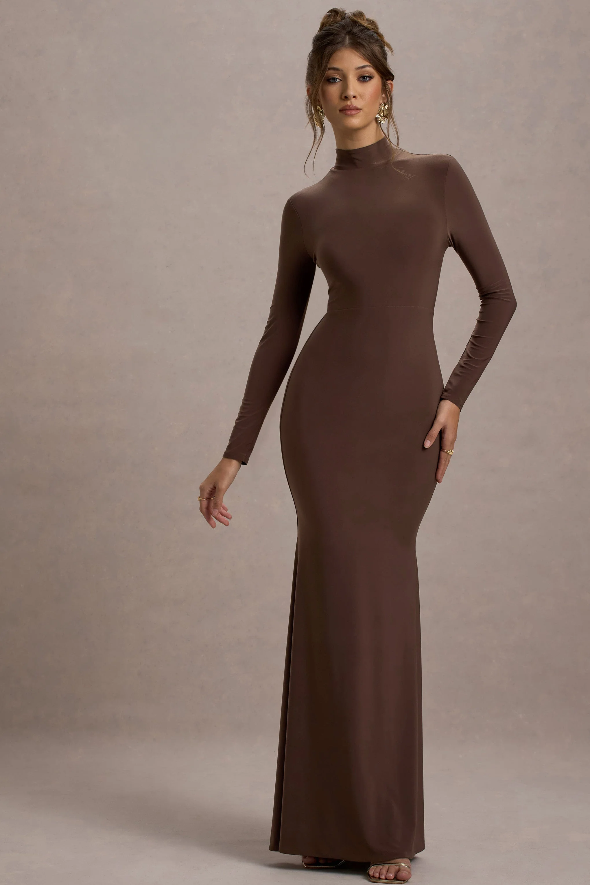 Tova | Chocolate High-Neck Long-Sleeve Fishtail Maxi Dress