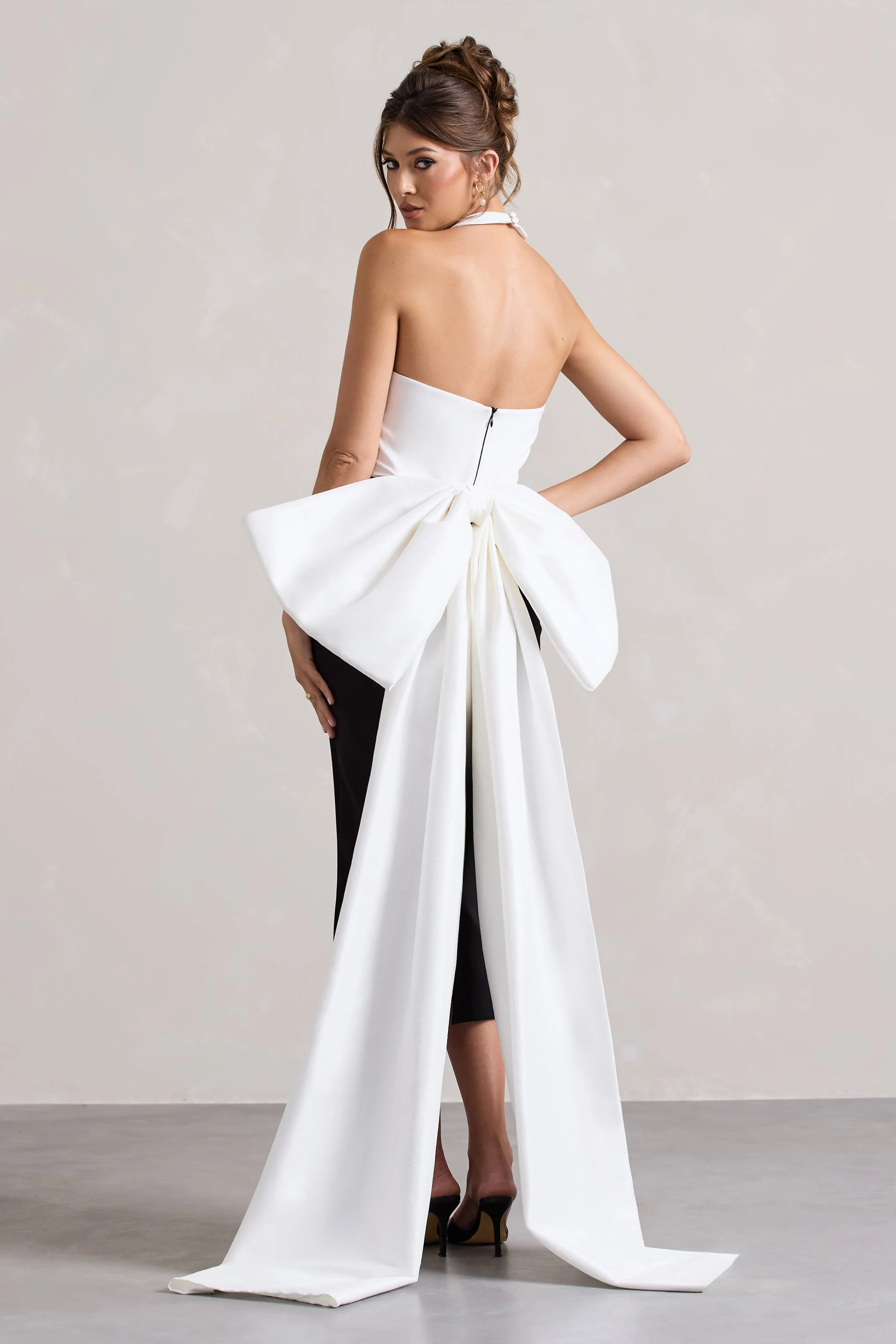 Blanca | Black & White Halter-Neck Cut-Out Midi Dress With Oversized Bow