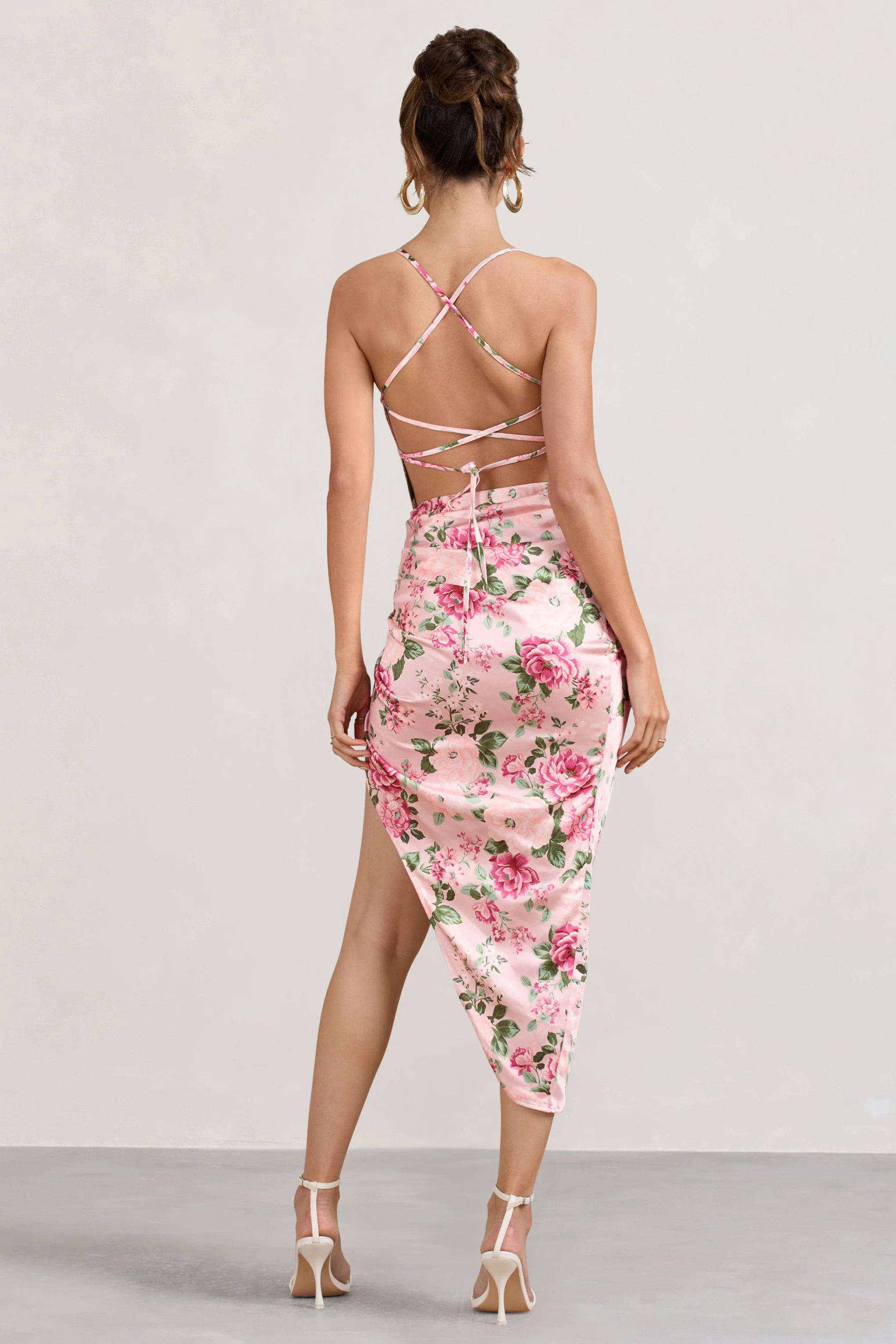 Risk It All | Blush Pink Floral Print Satin Cowl Asymmetric Midi Dress