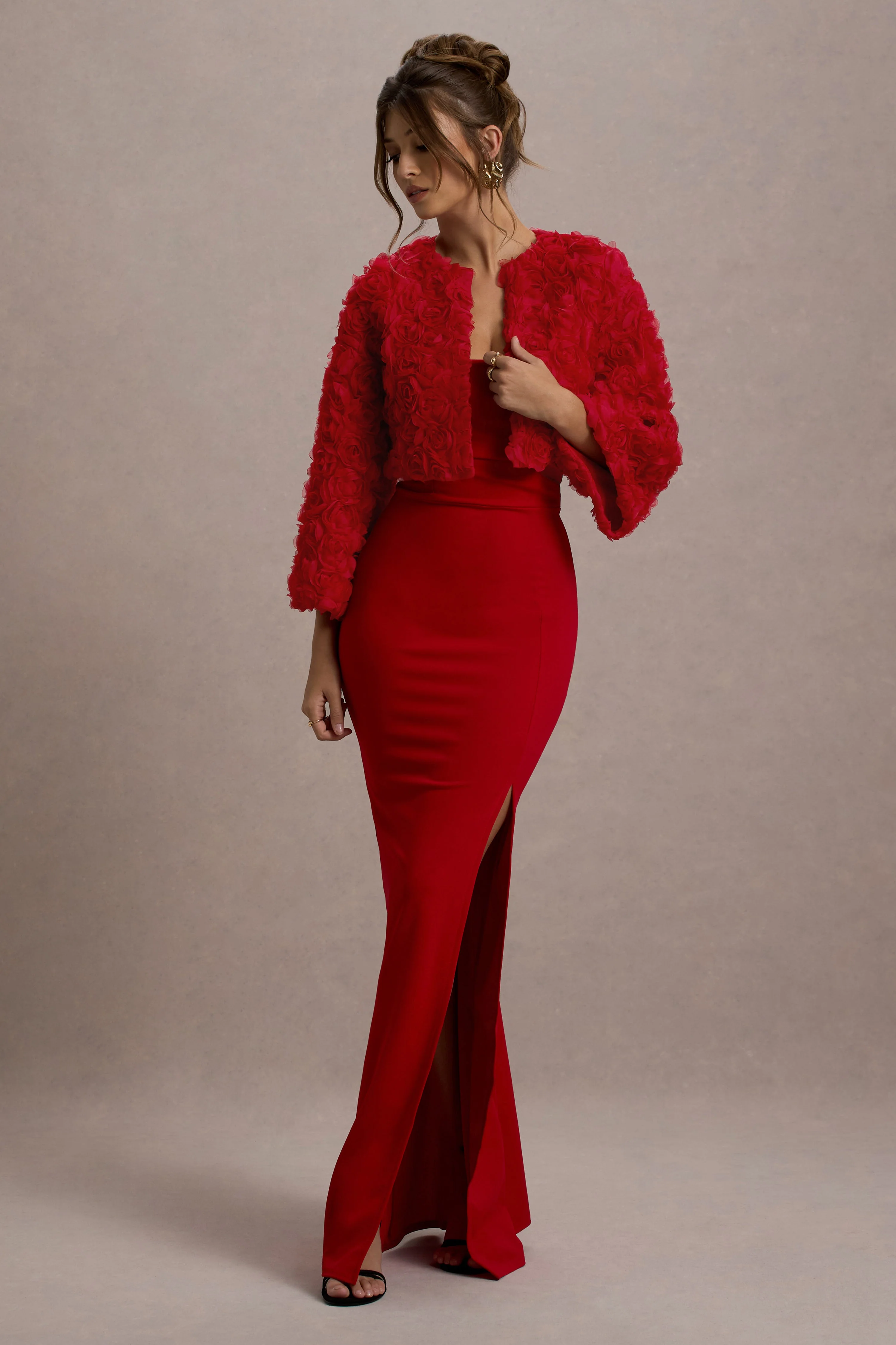 Tulip Twirl | Red Mesh Floral Cropped Jacket