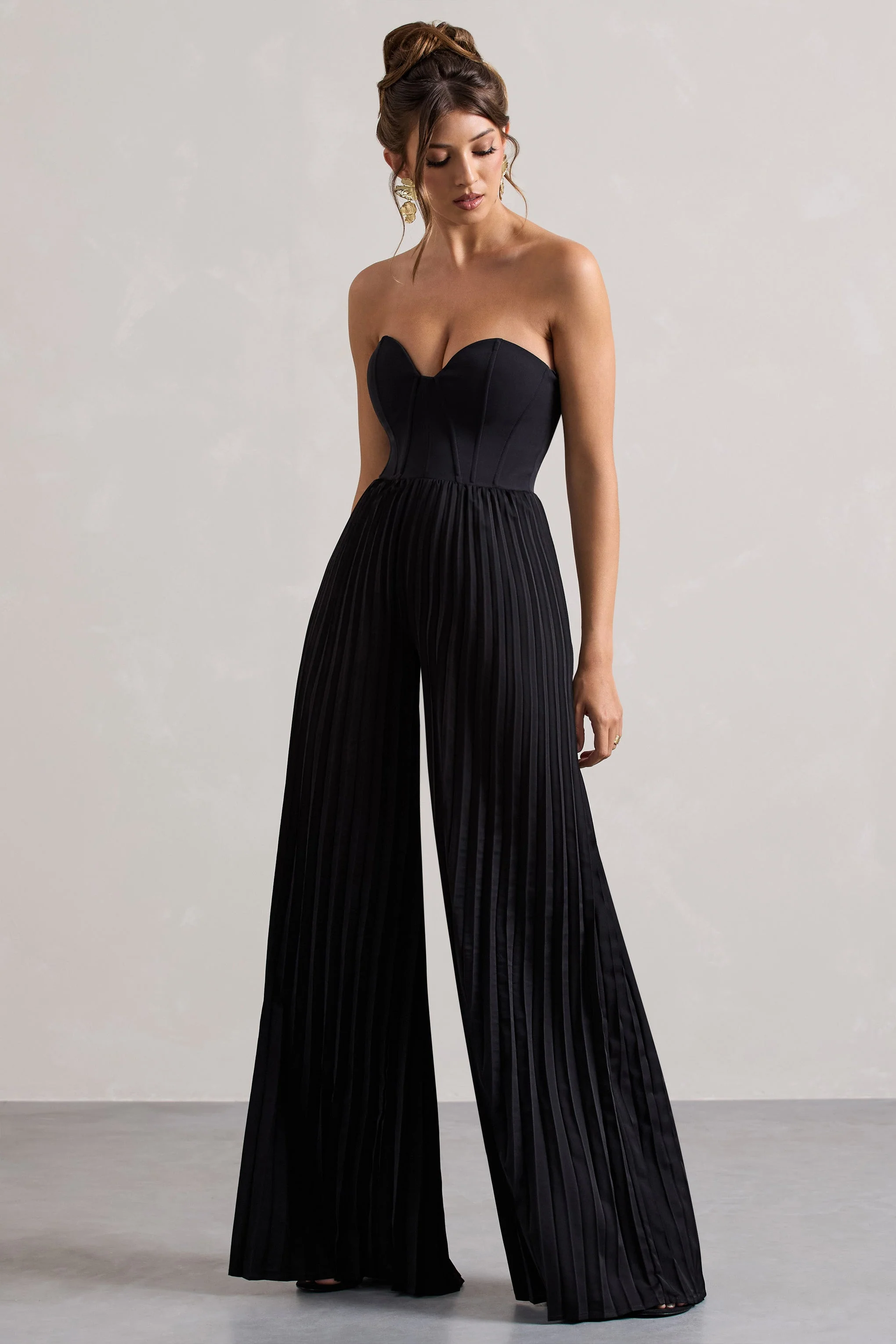Lorelai | Black Corset Plisse Wide-Leg Jumpsuit