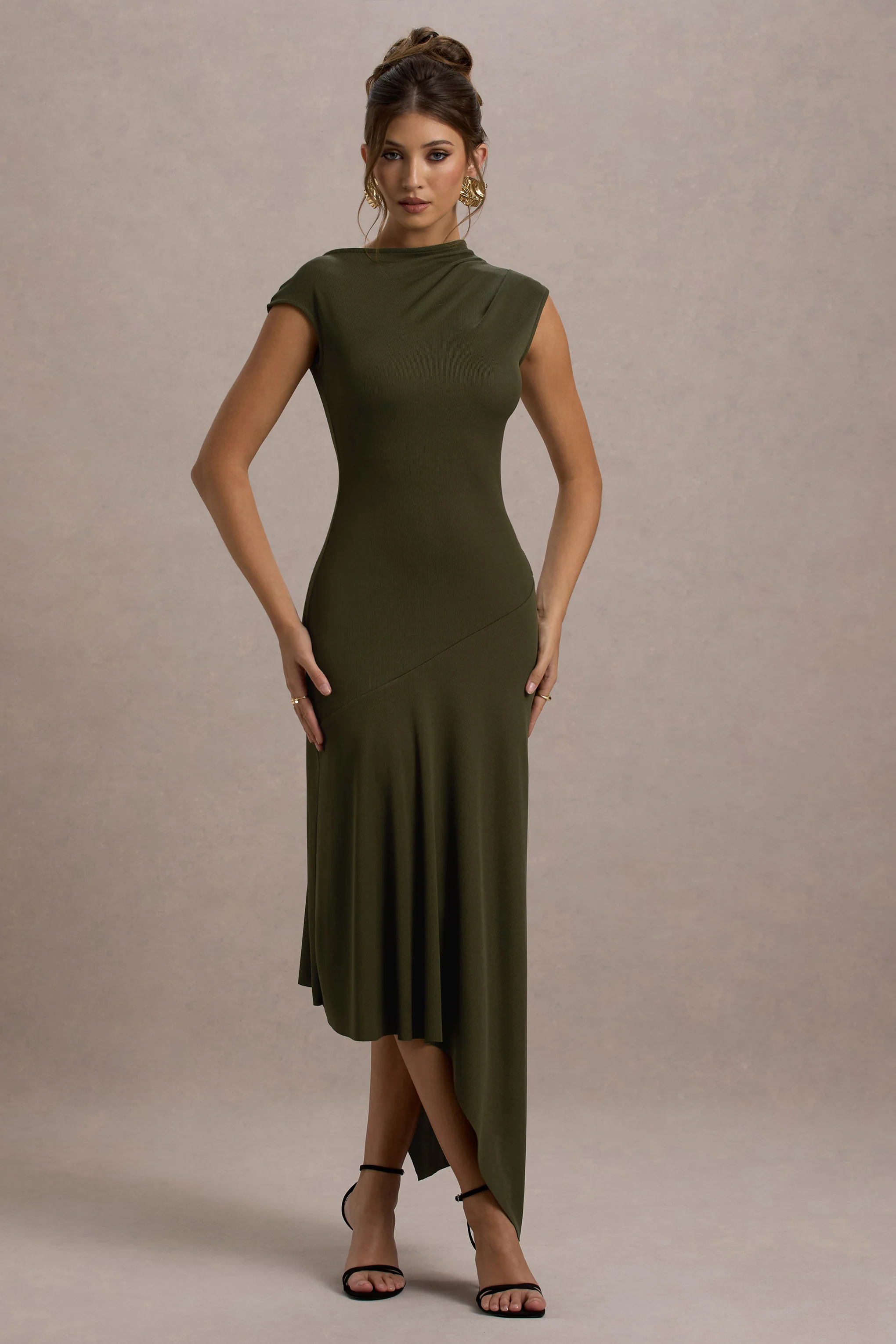 Ondine | Khaki Asymmetric Draped Midi Dress