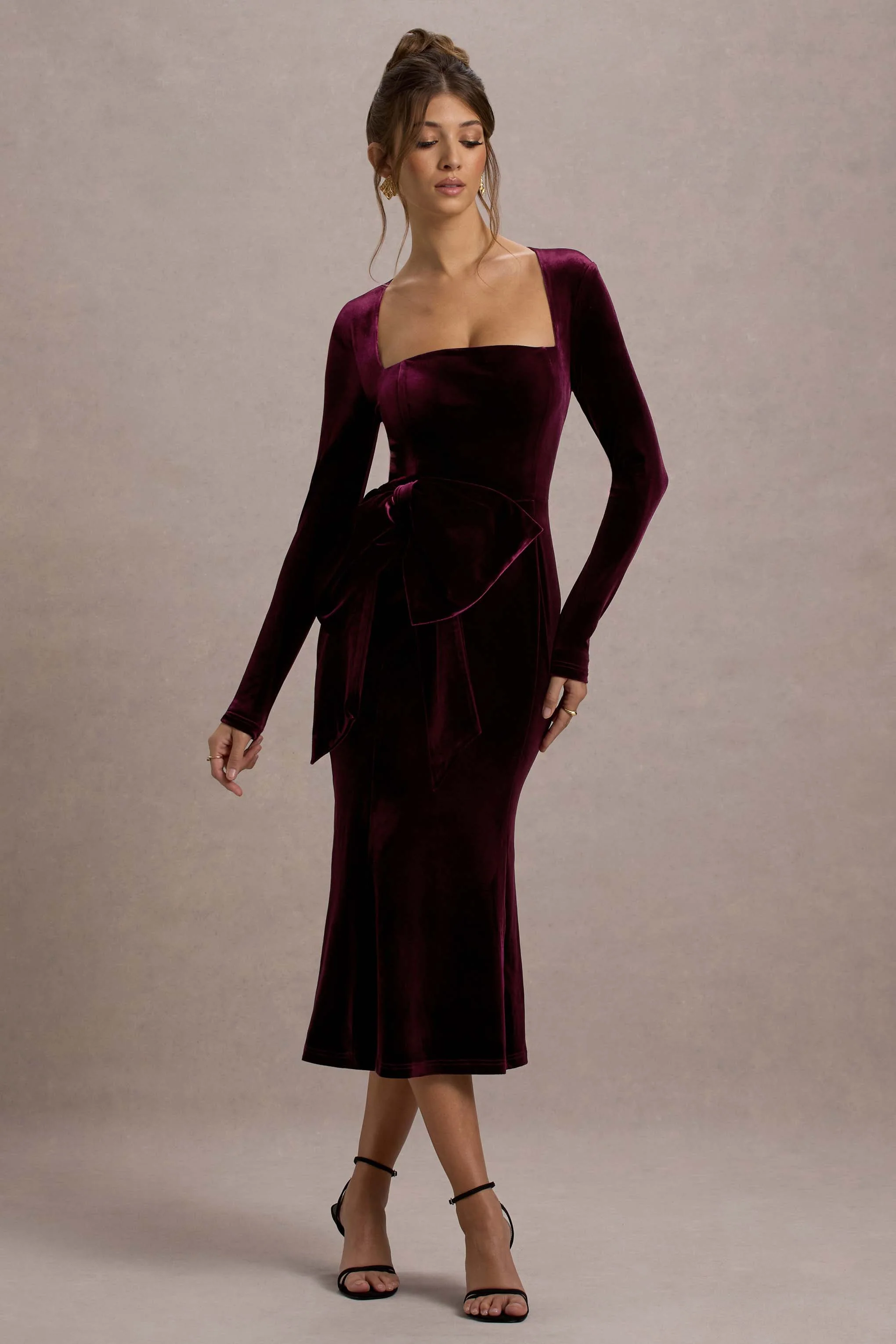 Gemima | Port Velvet Square-Neck Midi Dress With Bow