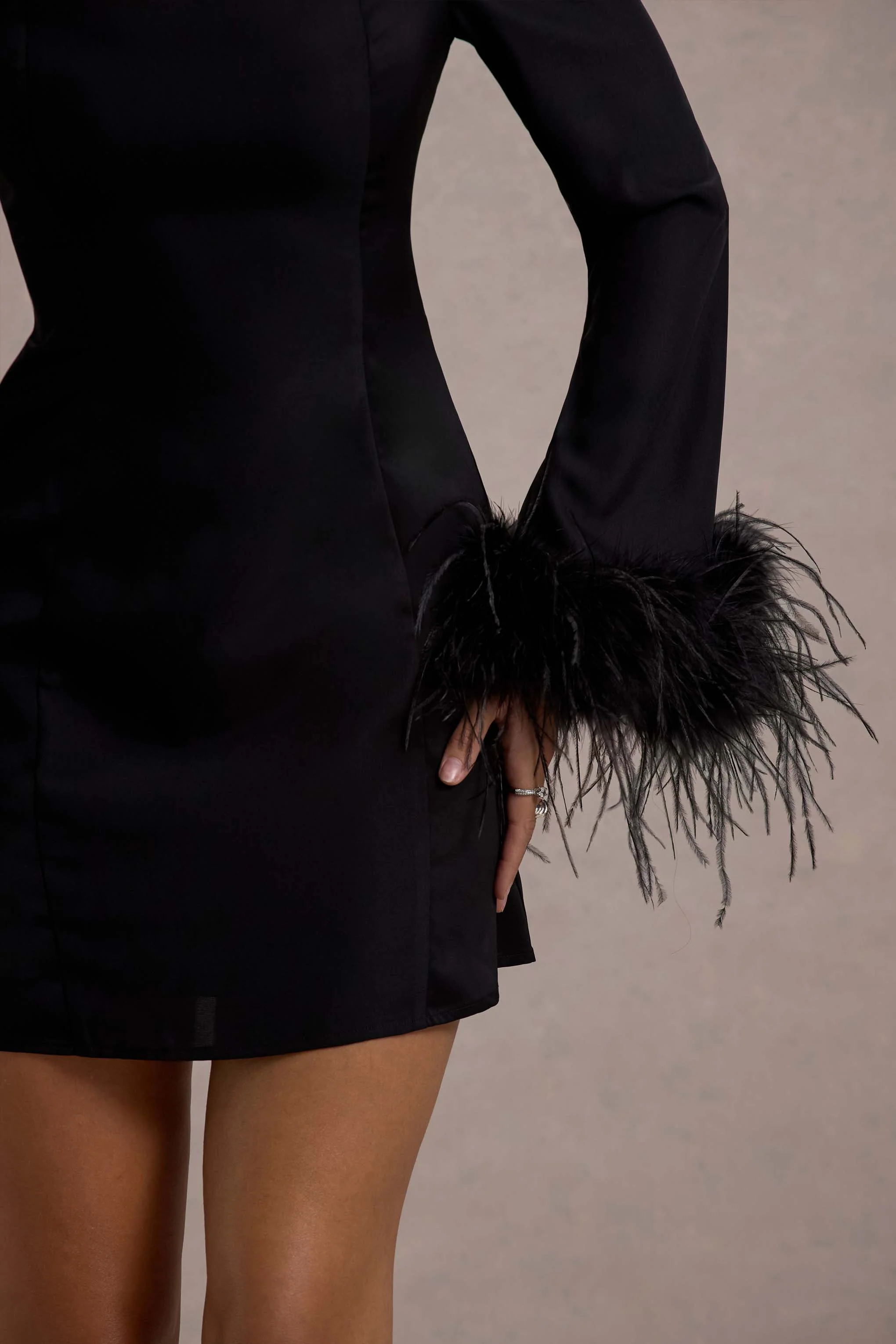 Yoko | Black Halter-Neck Mini Dress With Feather Trims
