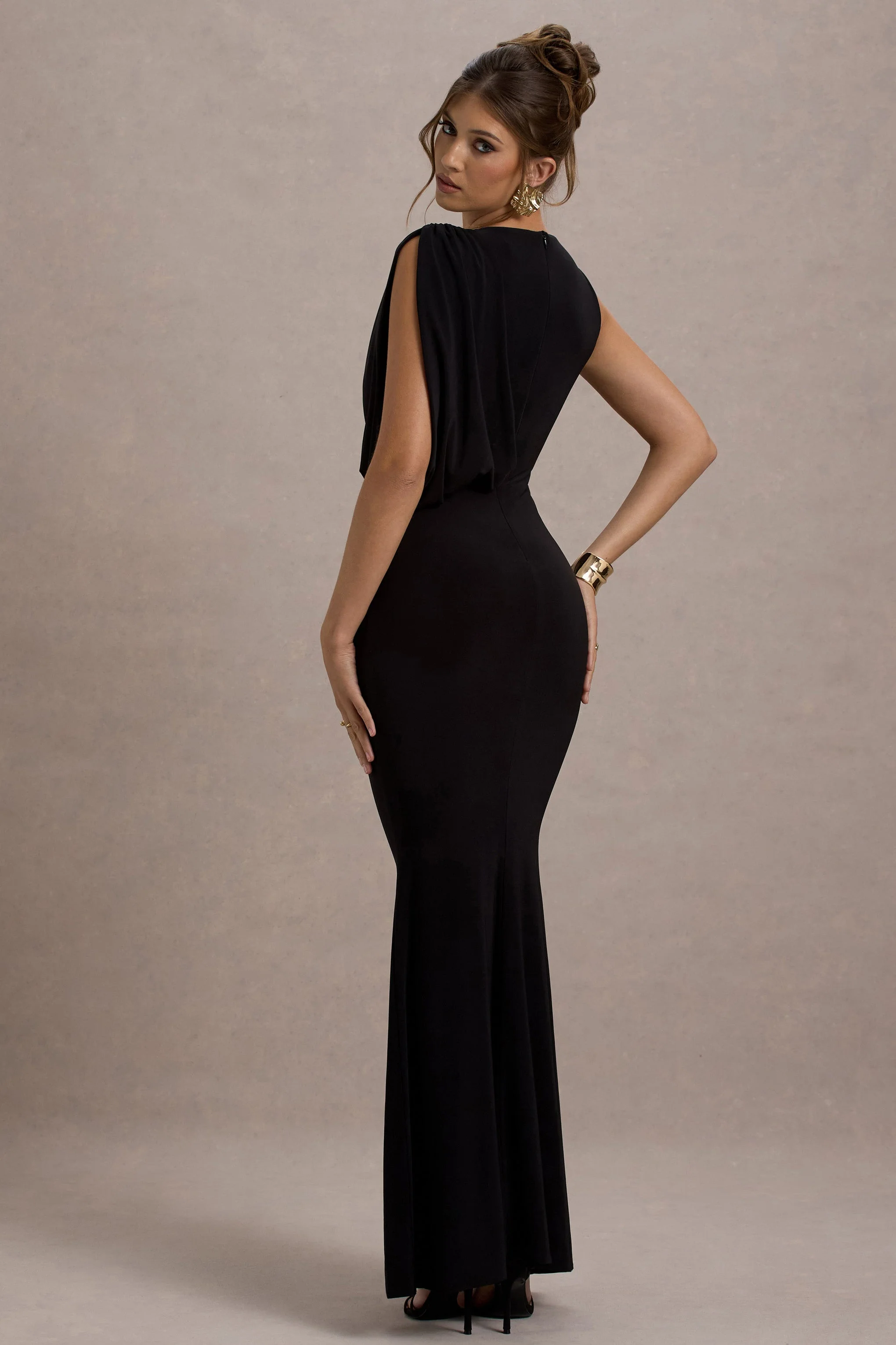 Paphos | Black Draped Sleeveless Maxi Dress