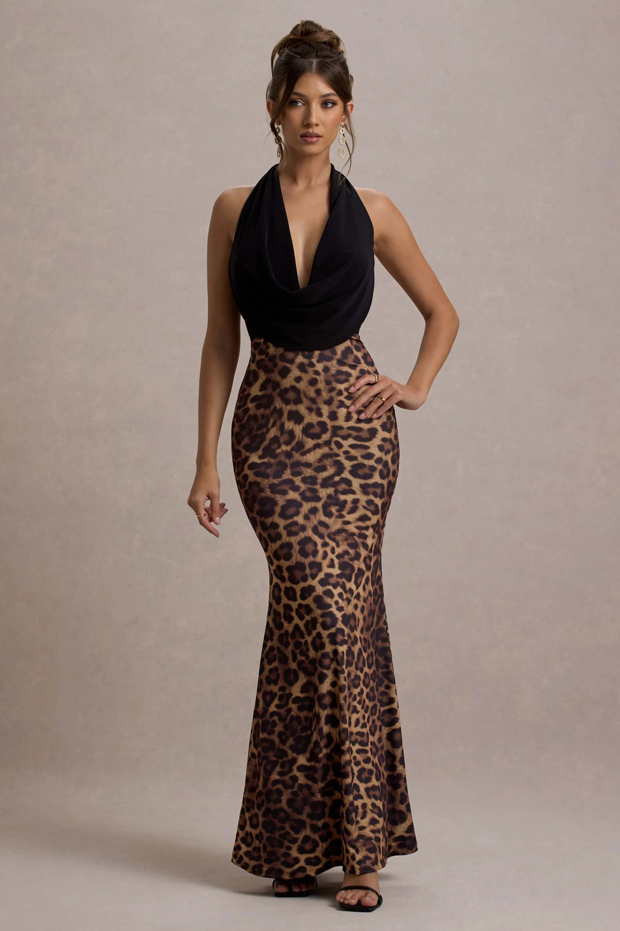 Krystal | Animal Print Deep Plunge-Neck Maxi Dress