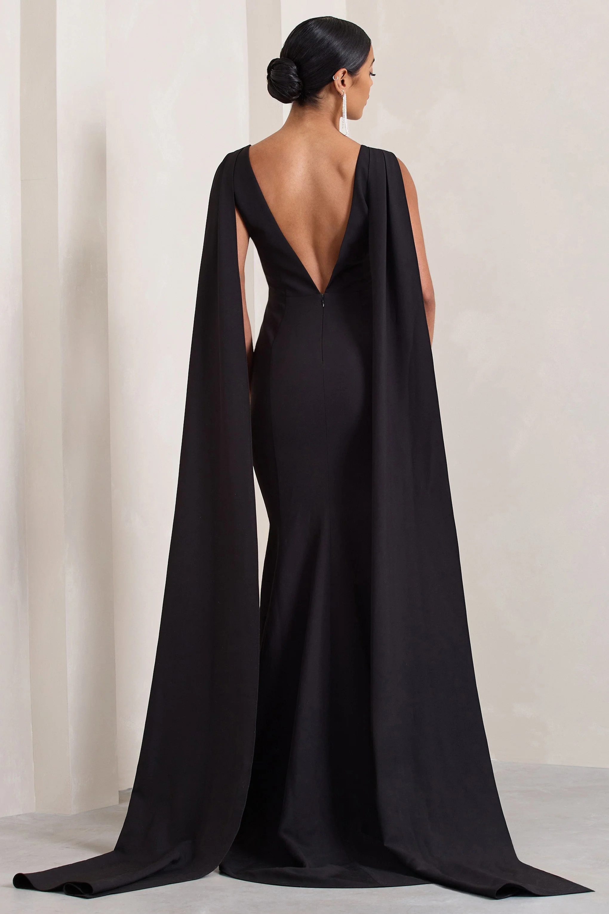 Rosaline | Black Plunging Fishtail Maxi Dress With Cape