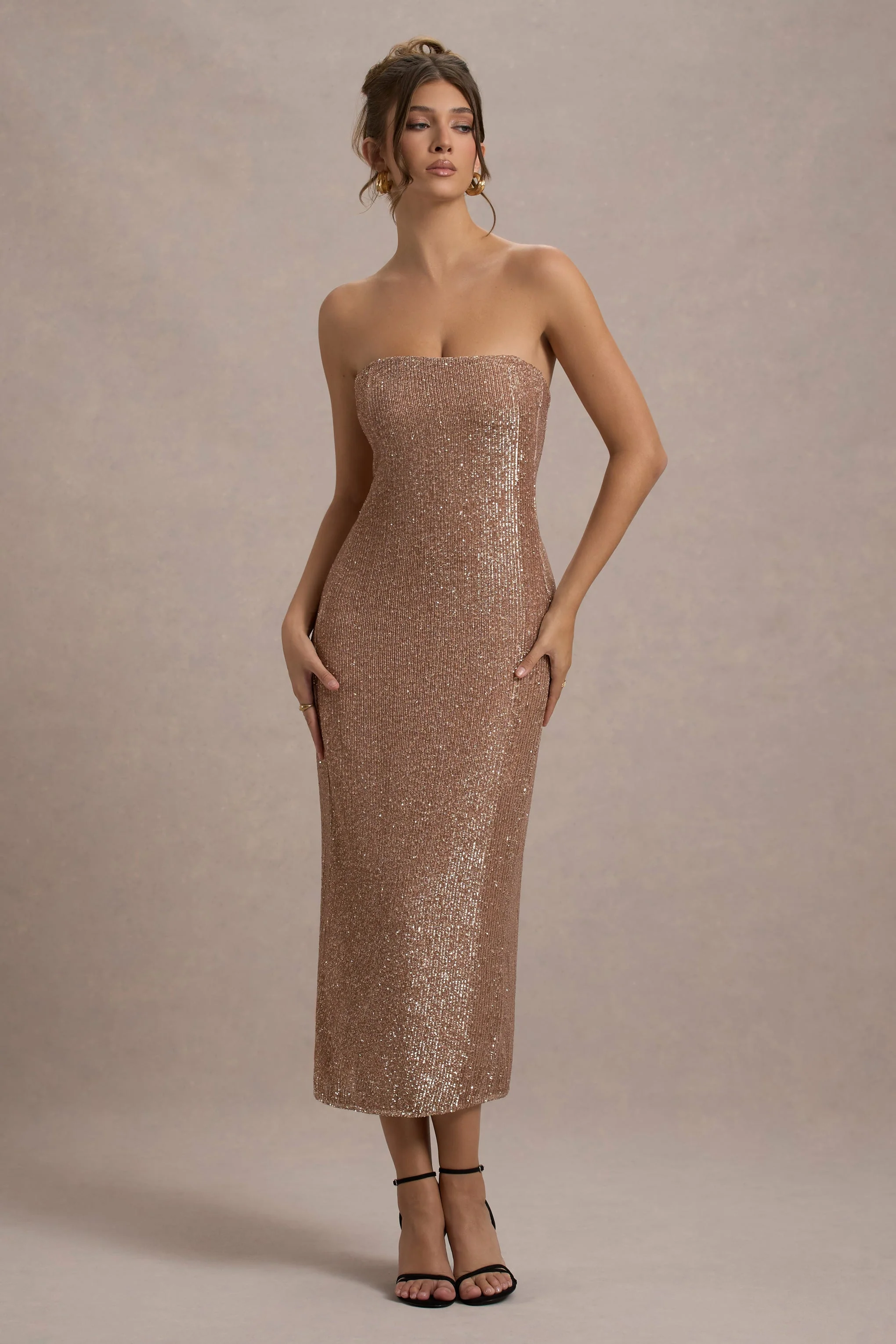 Lilabelle | Rose Gold Plisse Sequin Bandeau Midi Dress