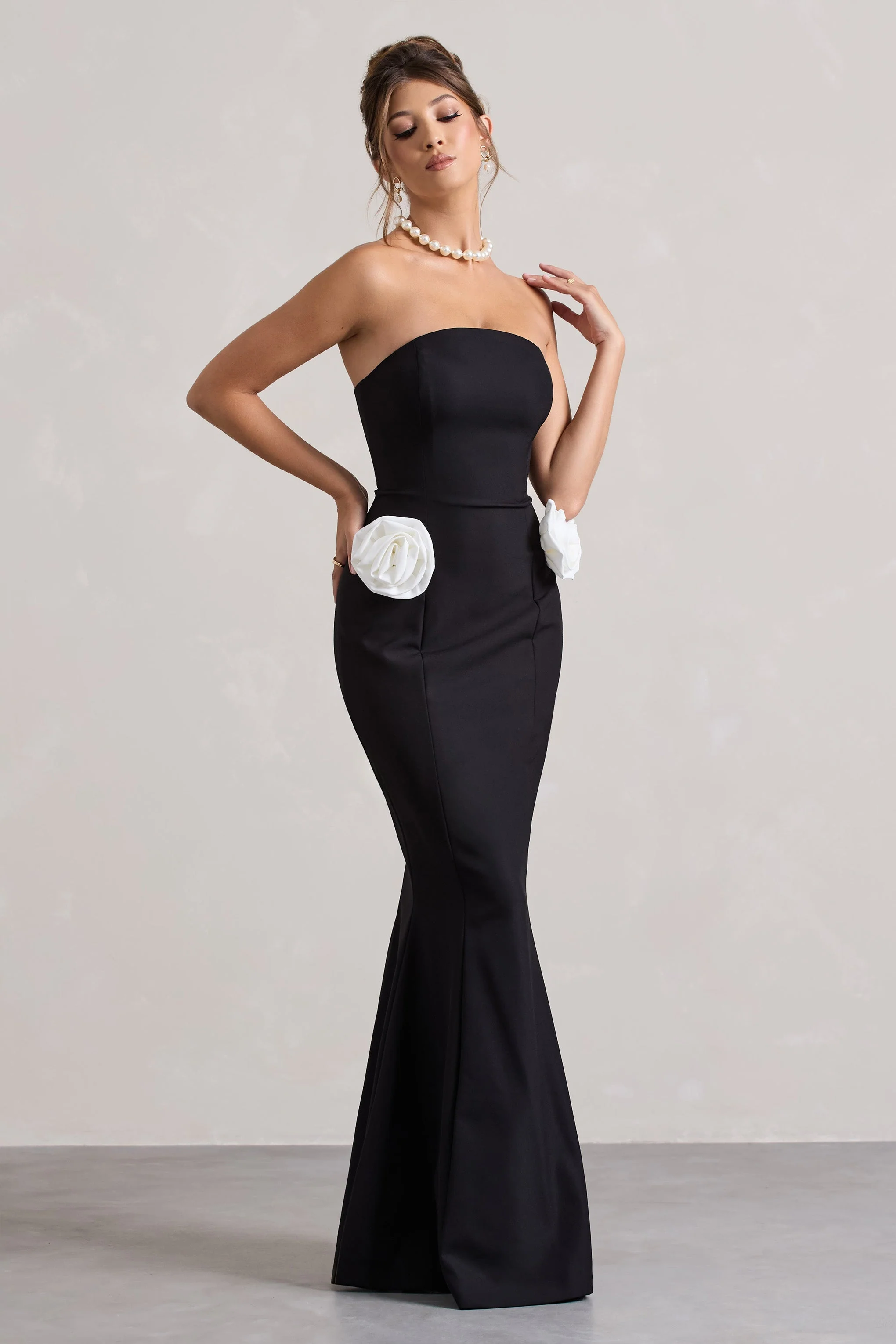 Best Of The Best | Black Strapless Fishtail Maxi Dress With Corsages