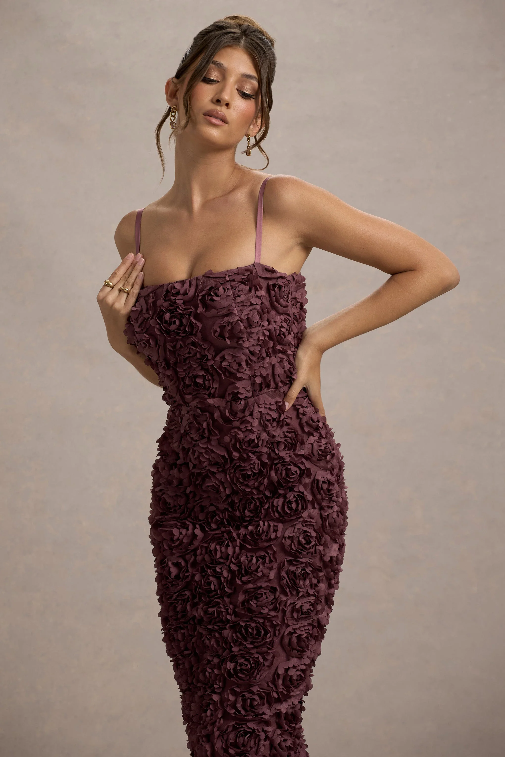 New Love | Dark Mauve Strappy Midi Dress With Mesh Flowers