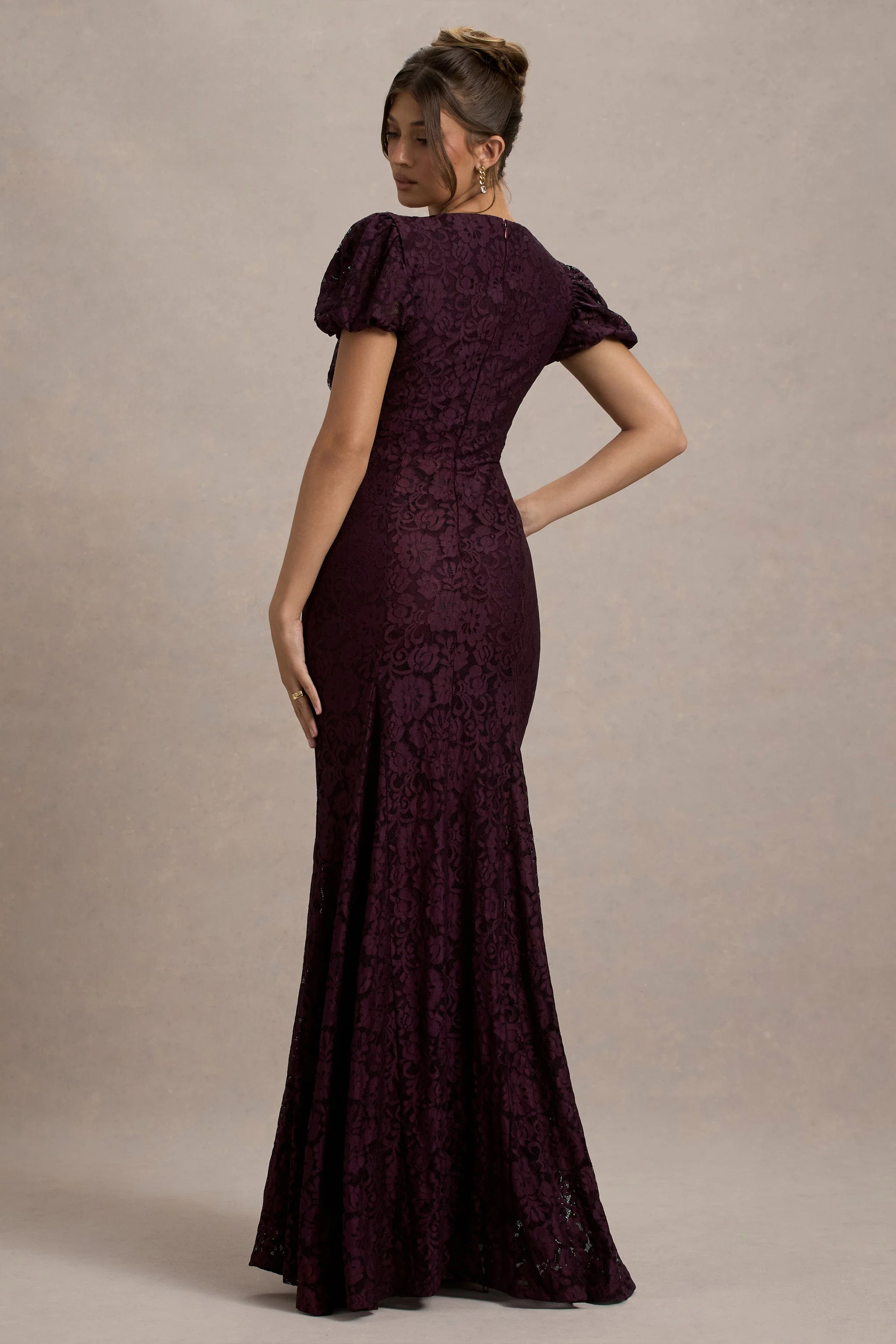 Elestria | Port Lace V-Neck Puff-Sleeve Maxi Dress