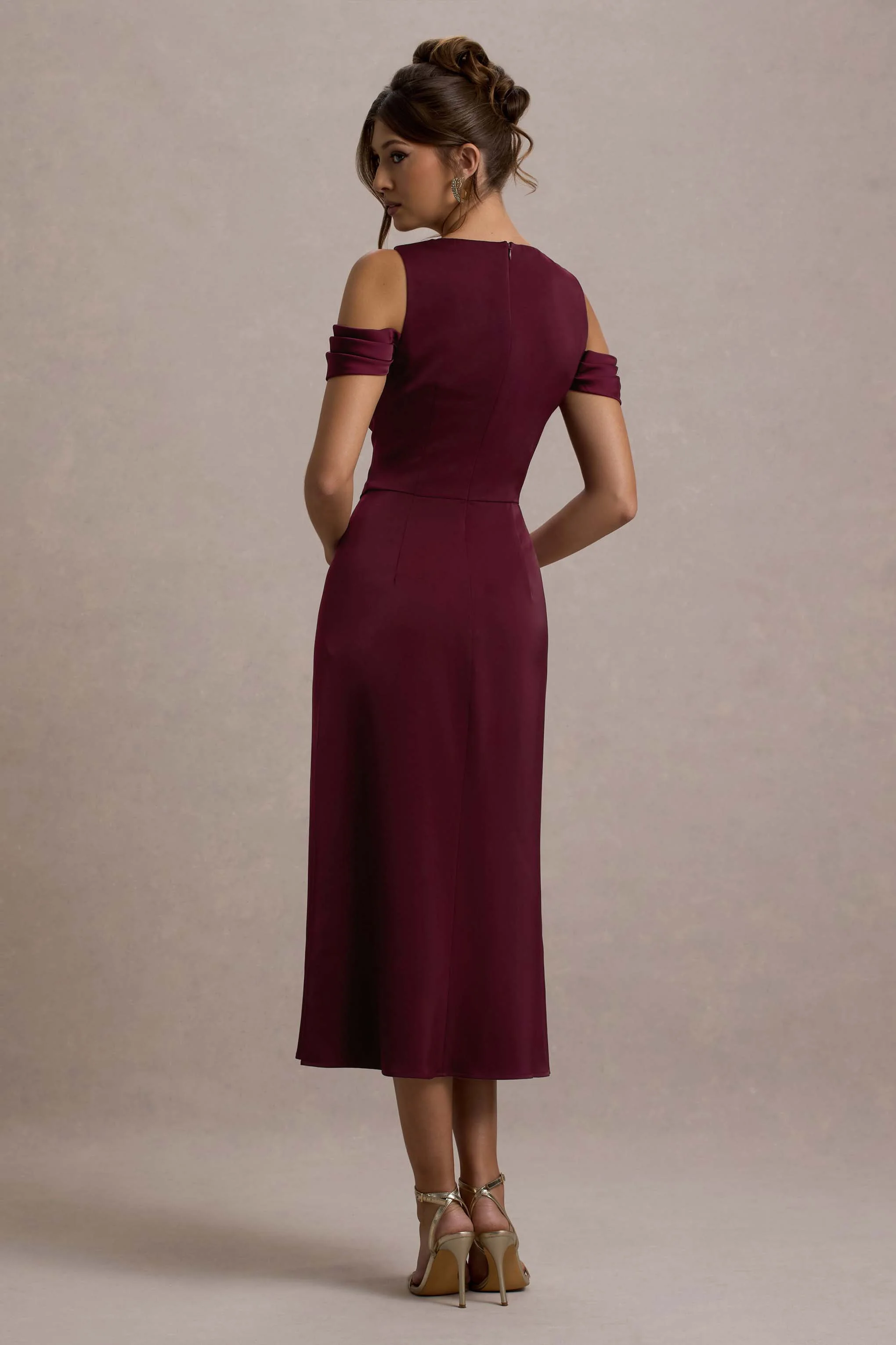 Sawyer | Wine Satin Draped Midi Dress
