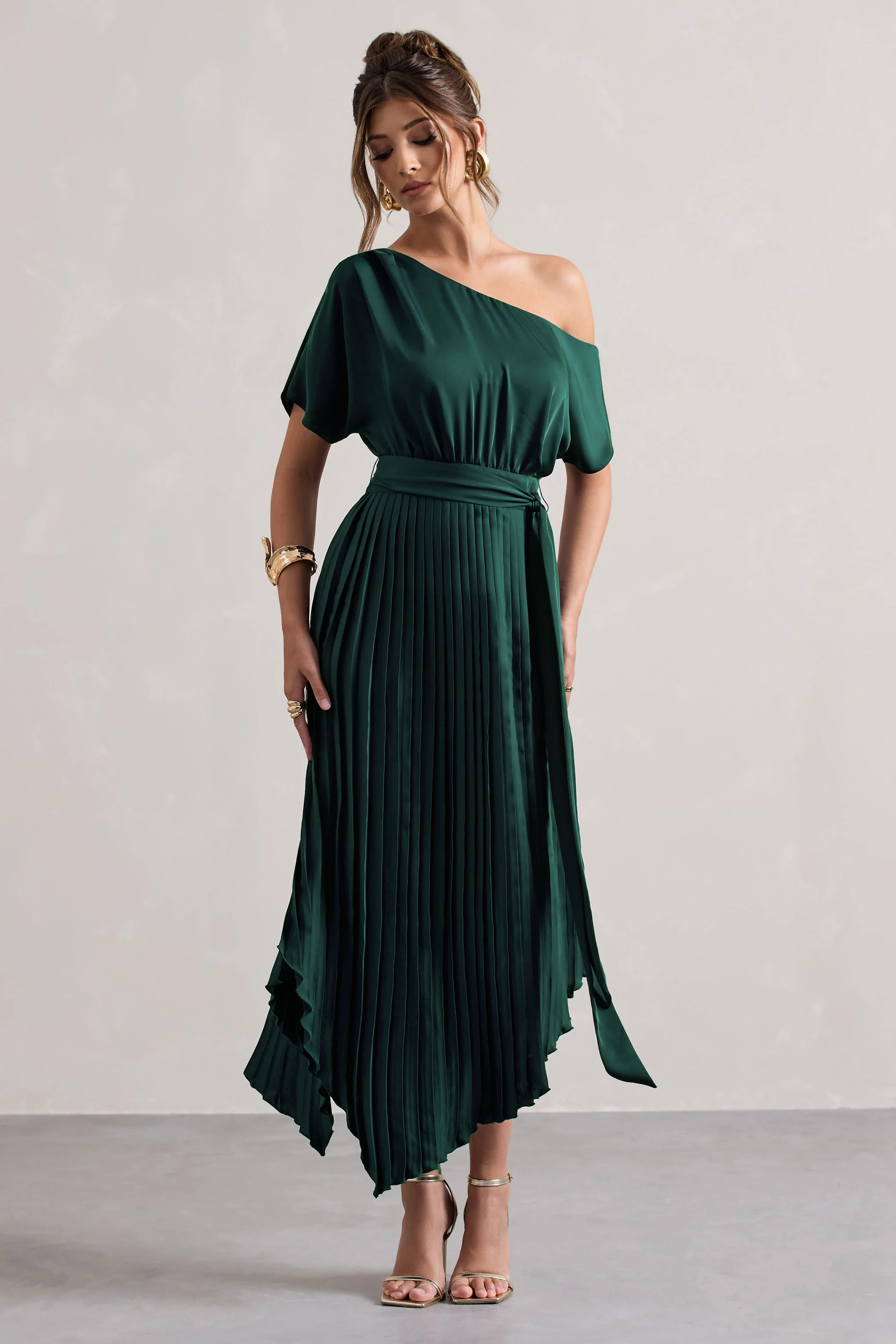 India | Bottle Green Satin Asymmetric Plisse Maxi Dress