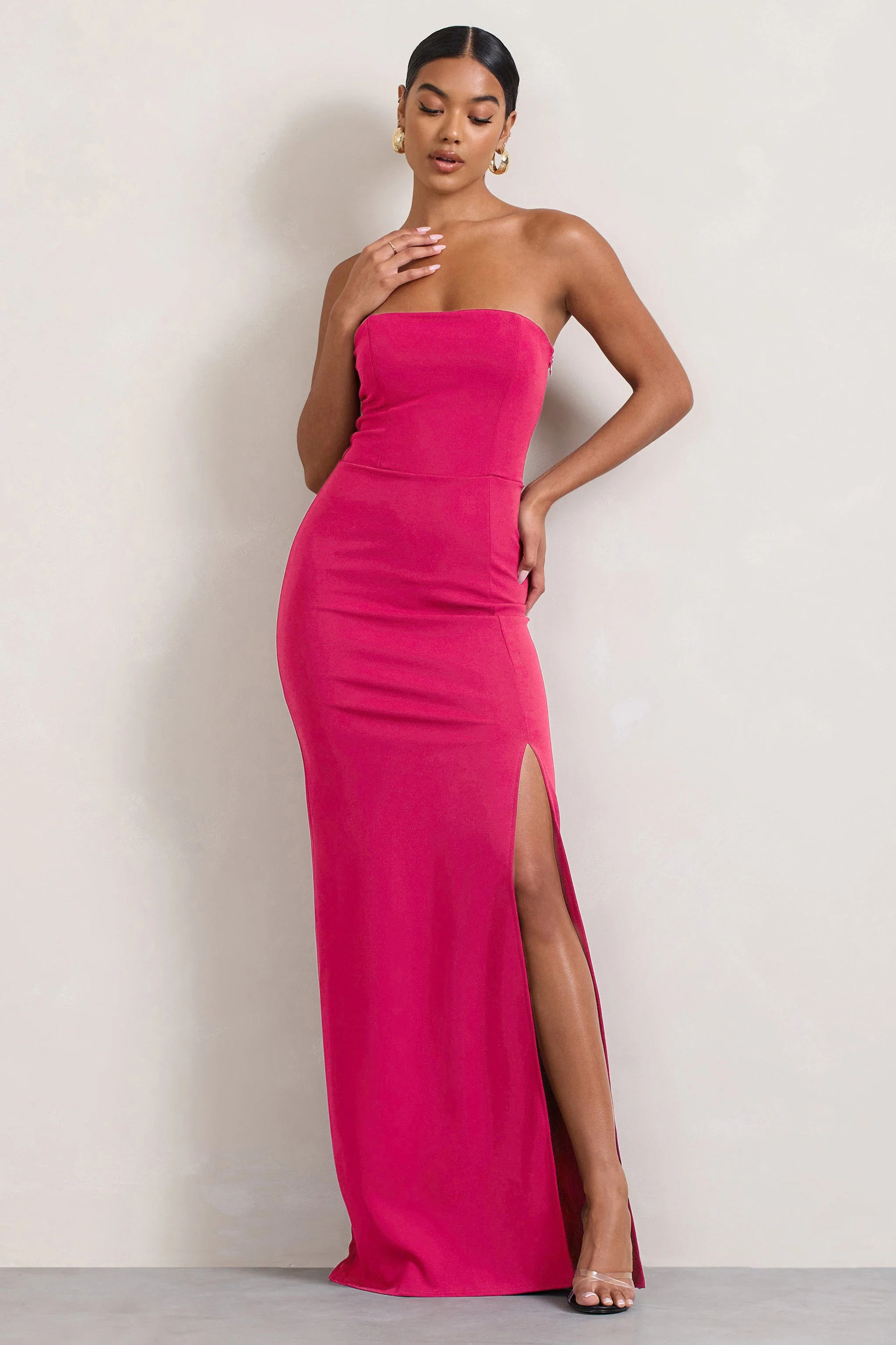 Belle of The Ball | Hot Pink Bandeau Maxi Dress With Split Hem