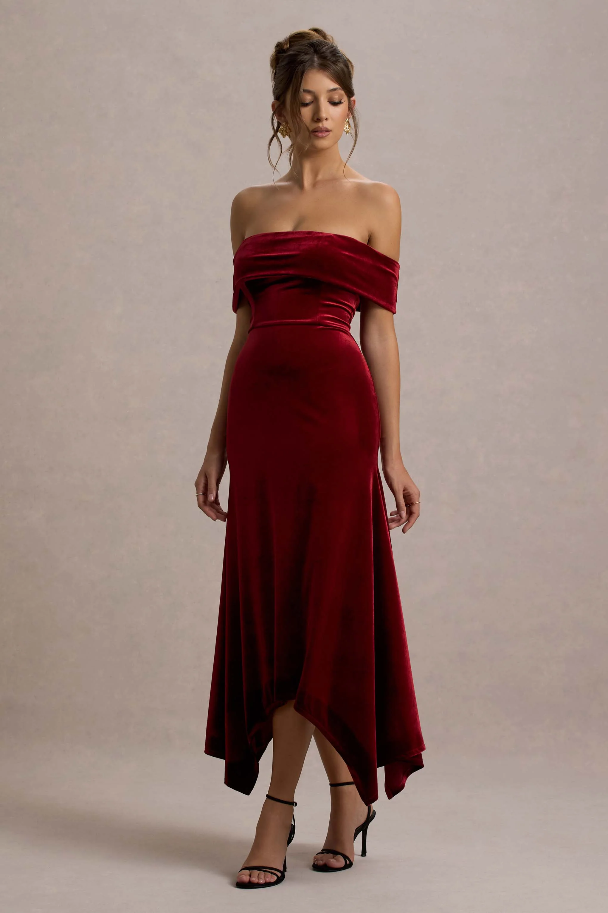 Halia | Berry Velvet Bardot Maxi Dress