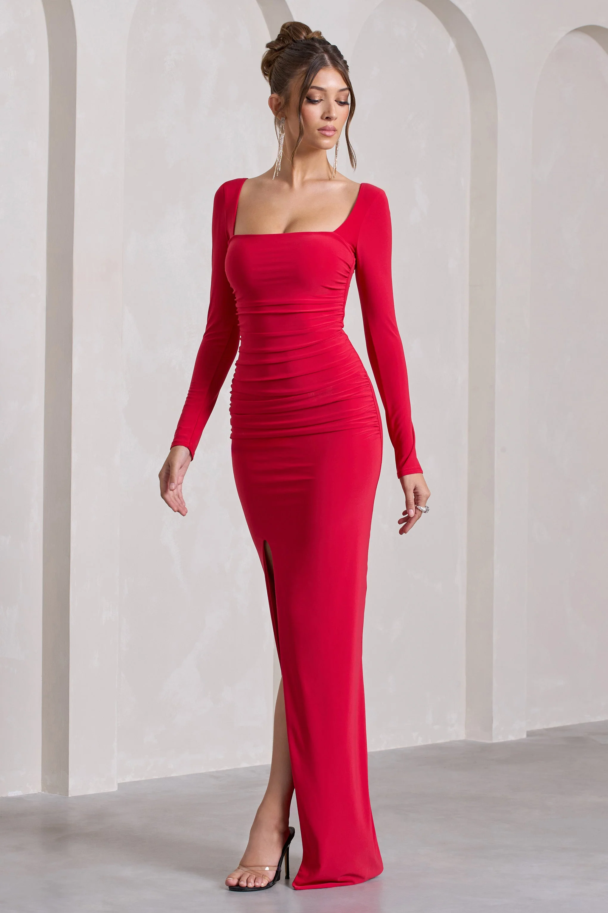 My Pleasure | Red Square Neck Ruched Maxi Dress