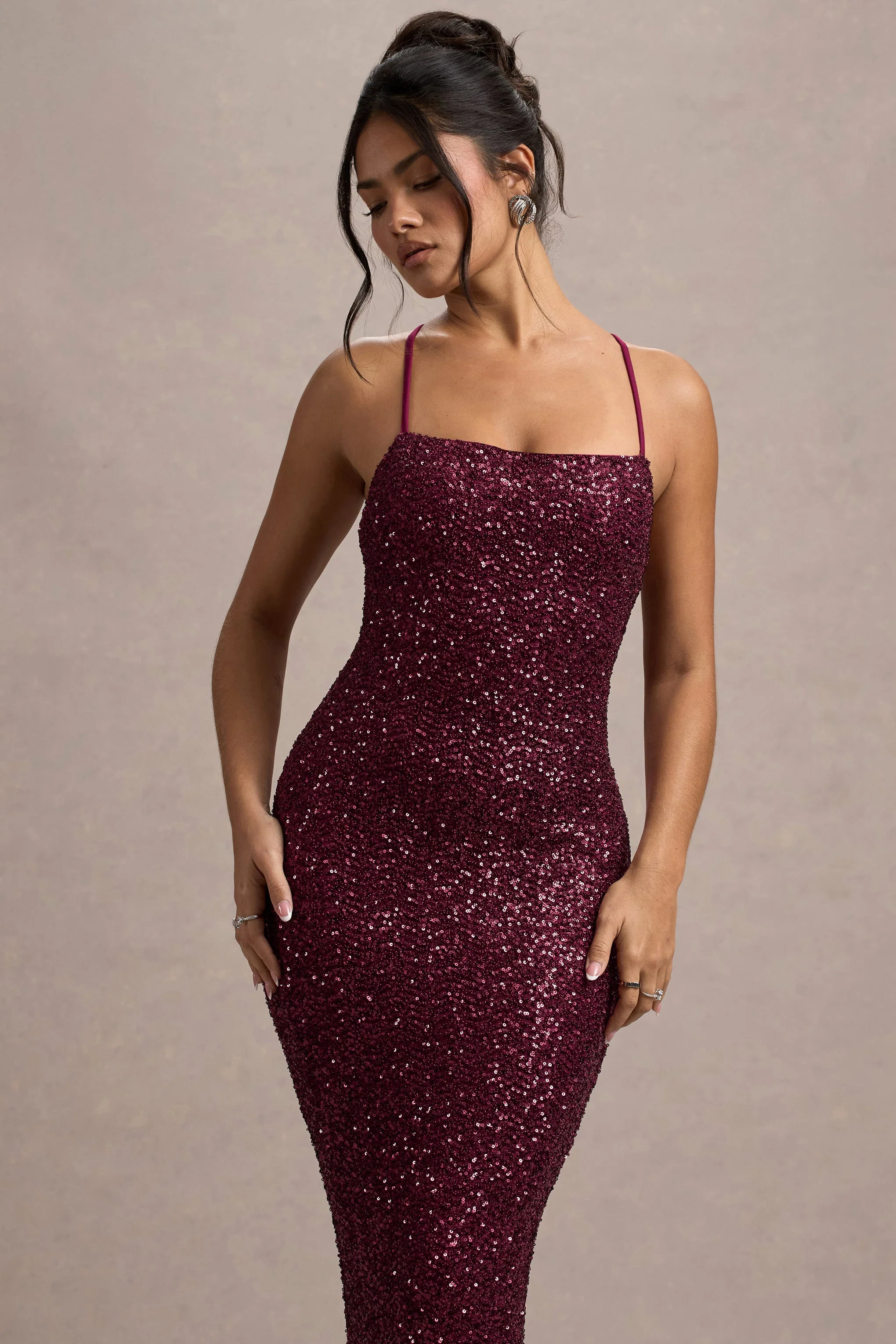 Cosmic | Berry Sequin Square-Neck Strappy Maxi Dress