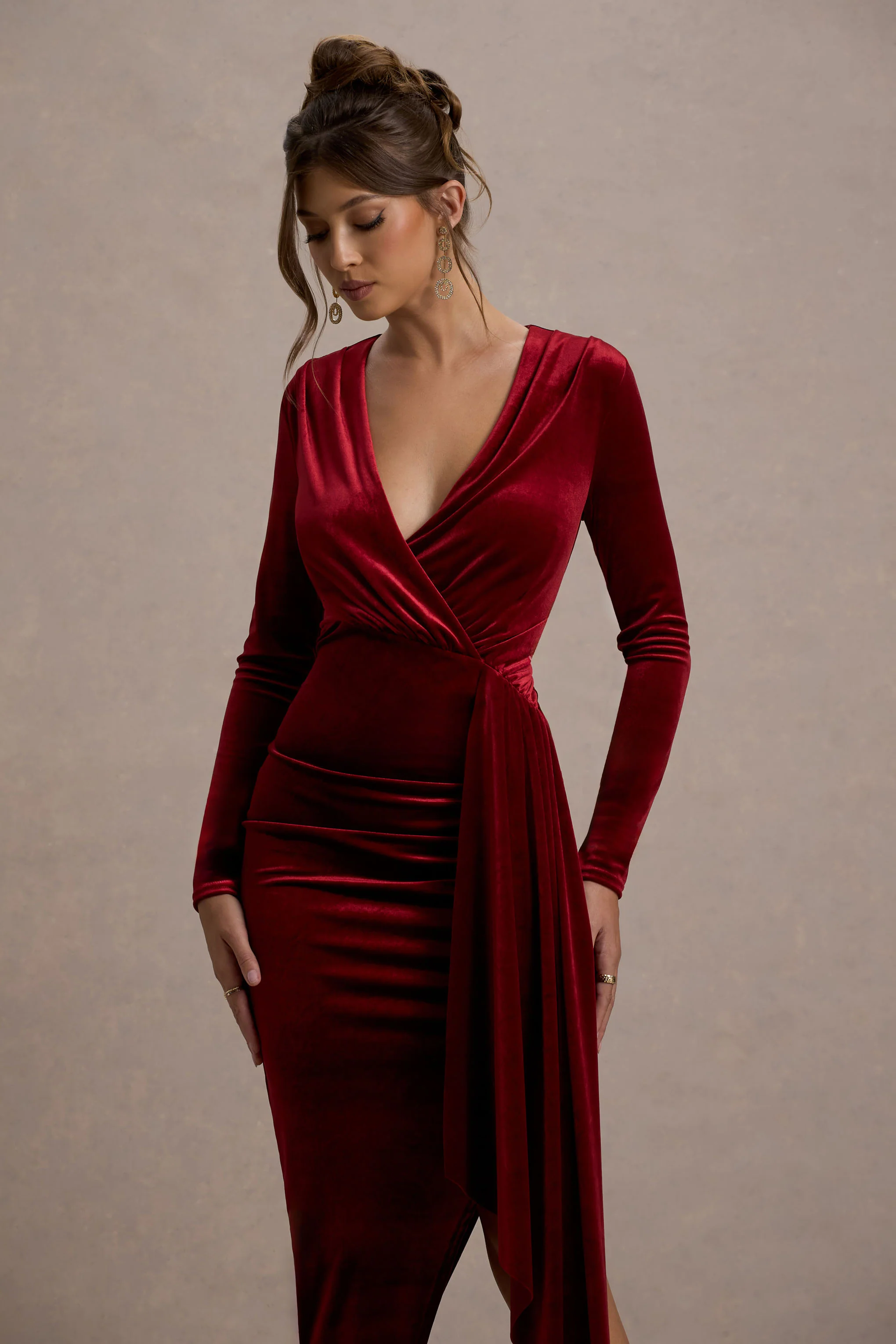 Arcadia | Berry Velvet Plunge-Neck Wrap Maxi Dress
