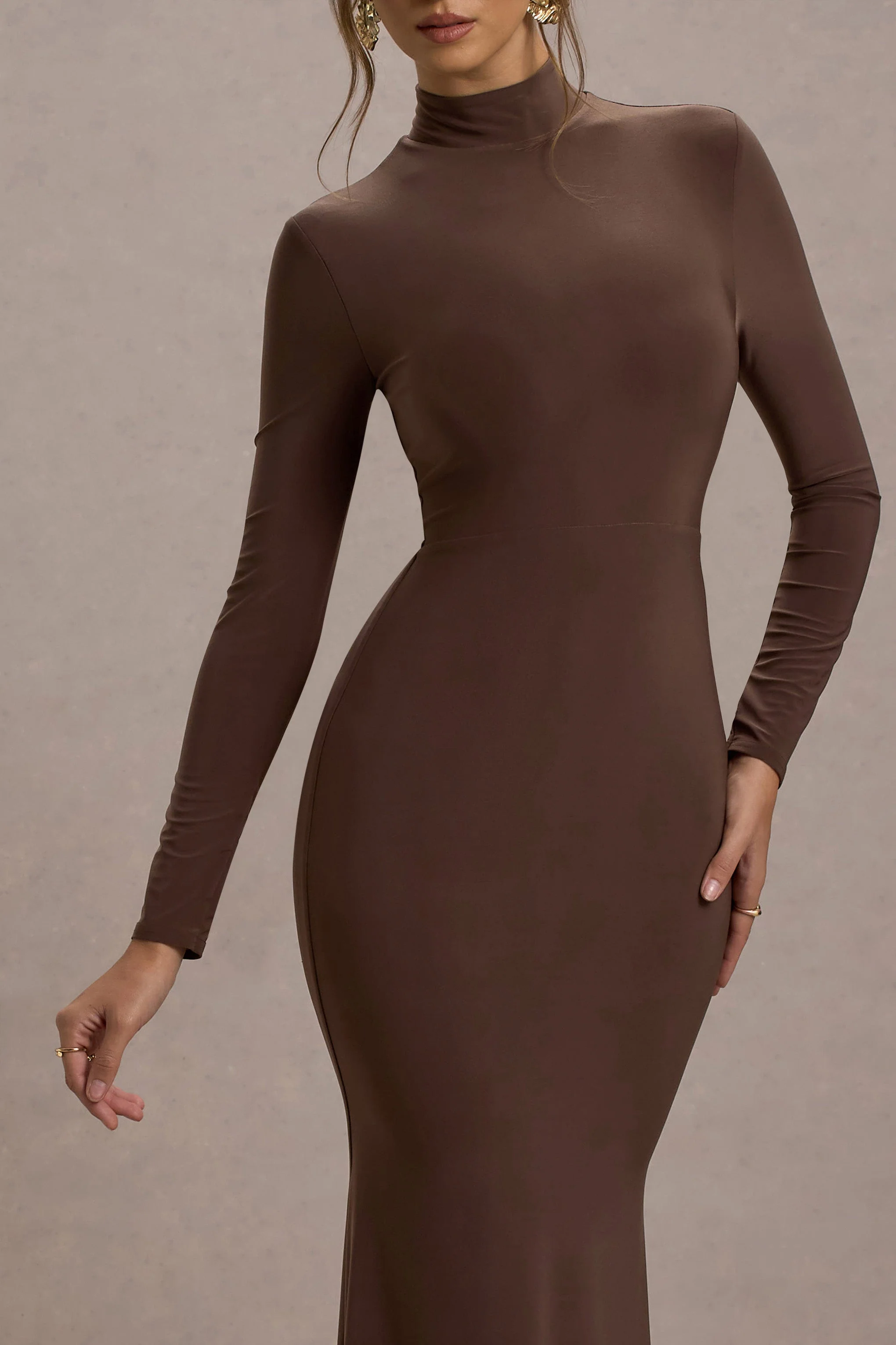 Tova | Chocolate High-Neck Long-Sleeve Fishtail Maxi Dress