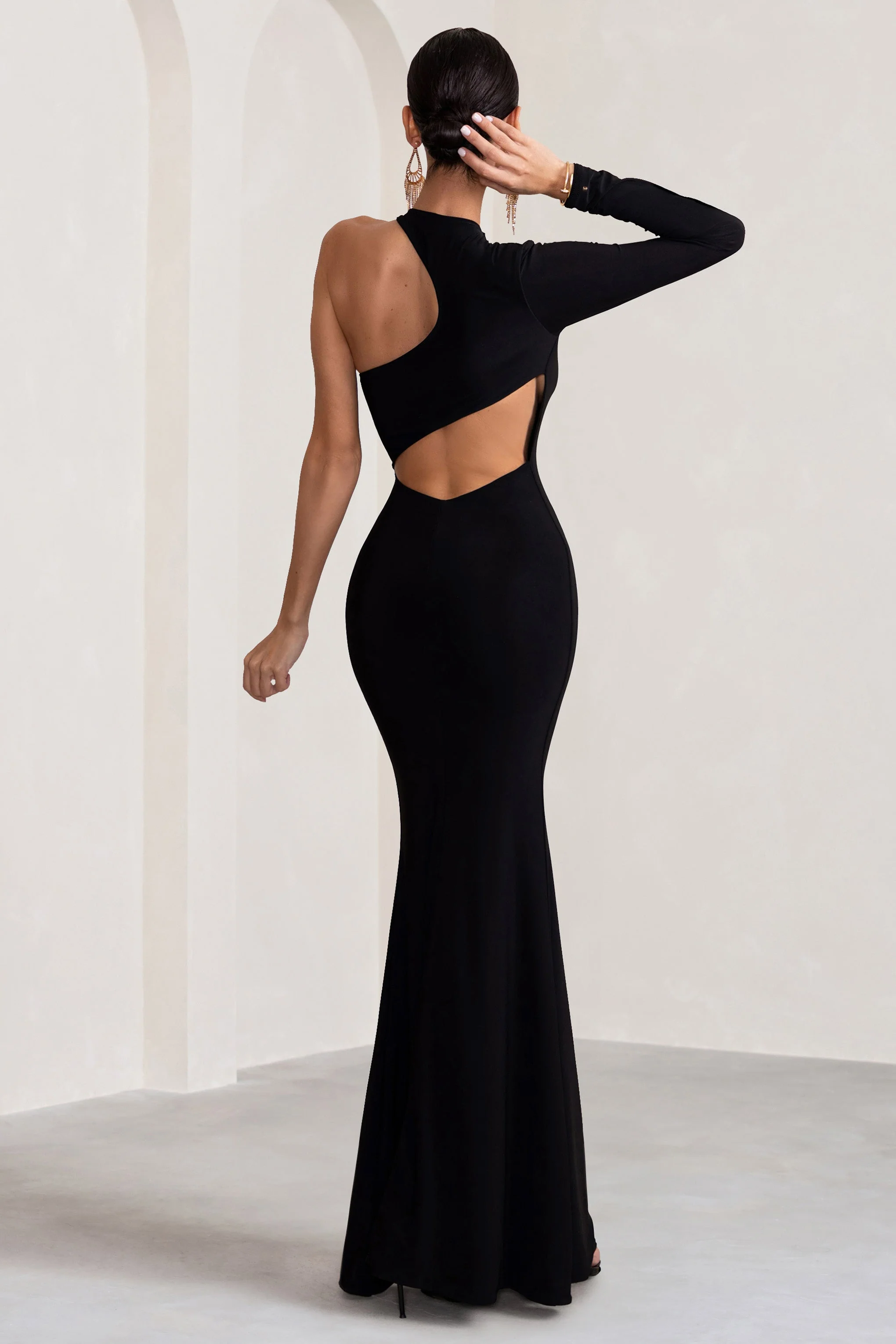 Tyra | Black Asymmetric Neck Cut Out Maxi Dress With Open Back Detail